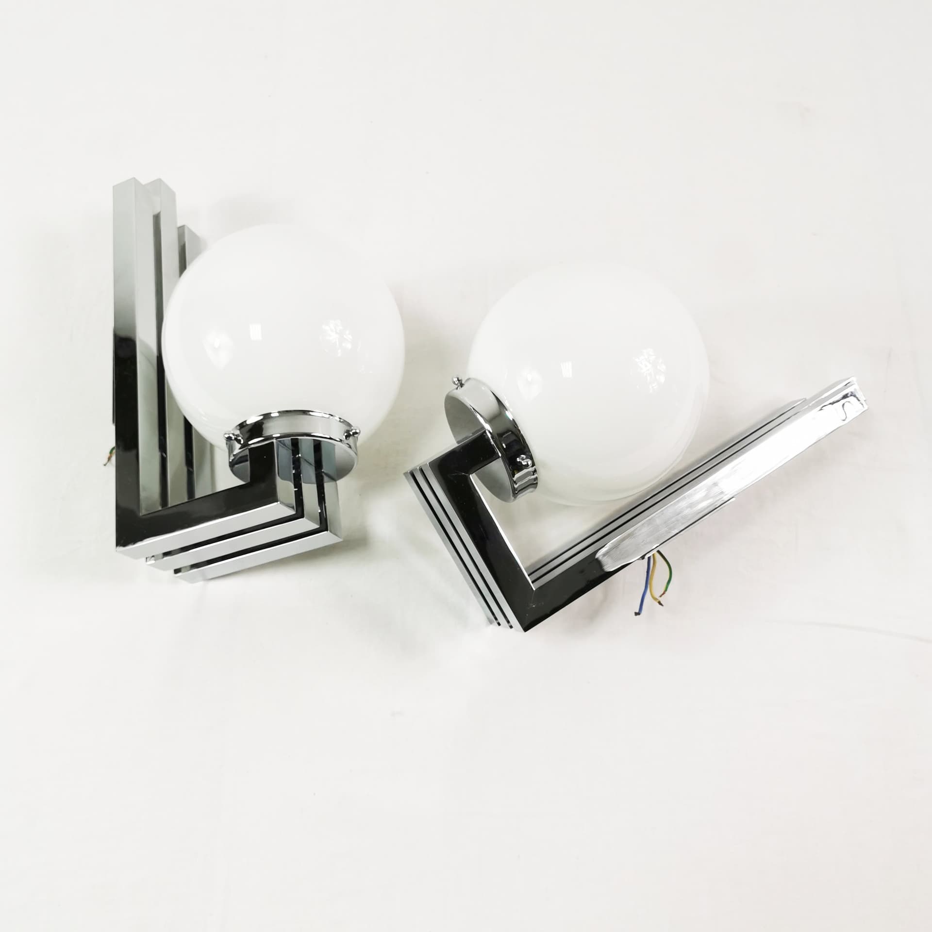 Pair of wall sconces Bauhaus-Modern, silver chrome, white glass, by T. Wien, Austria, 1970s. - 349791