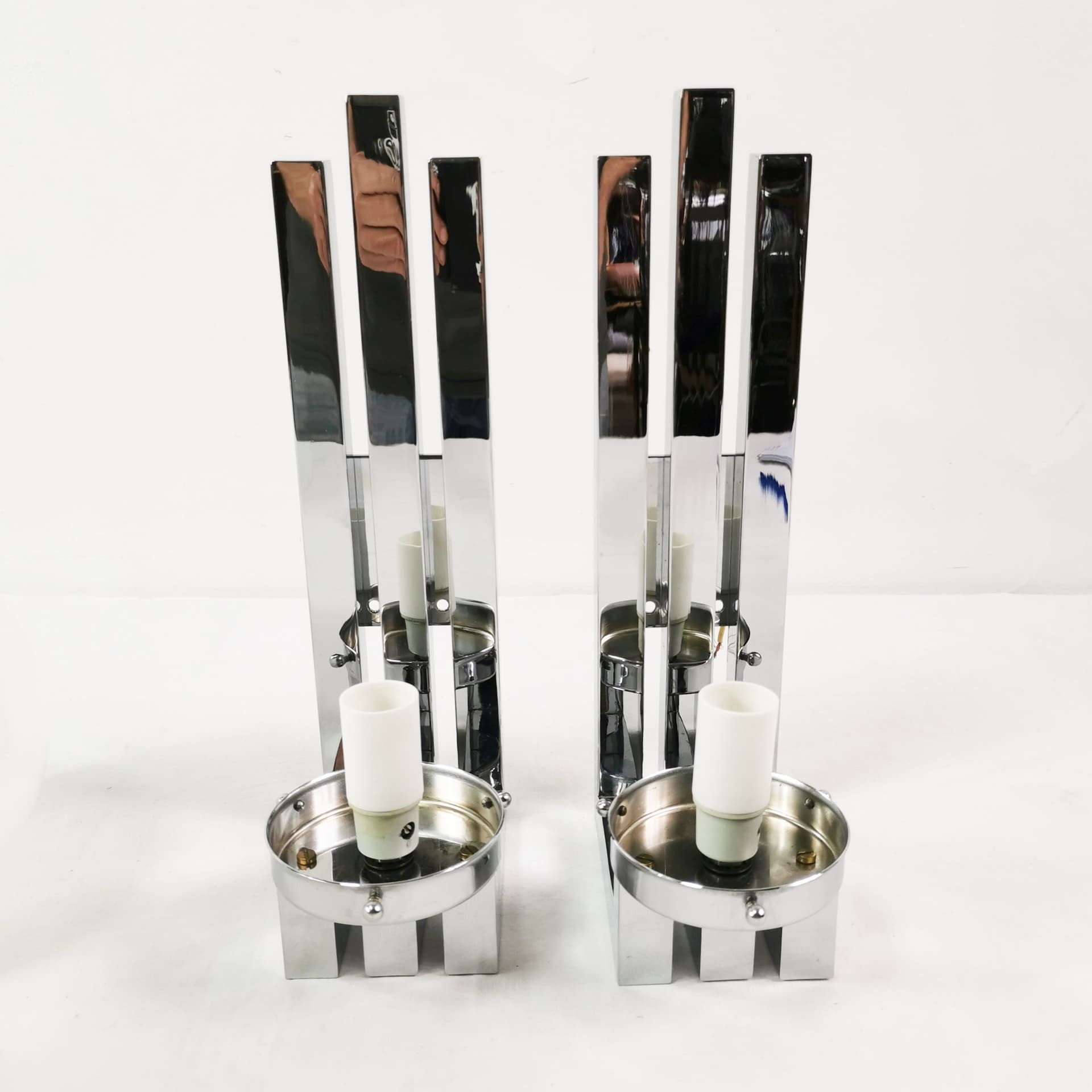 Pair of wall sconces Bauhaus-Modern, silver chrome, white glass, by T. Wien, Austria, 1970s. - 349804