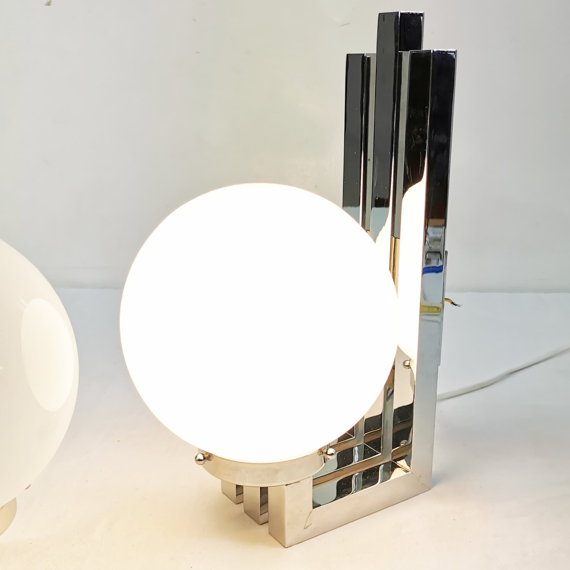 Pair of wall sconces Bauhaus-Modern, silver chrome, white glass, by T. Wien, Austria, 1970s. - 349805