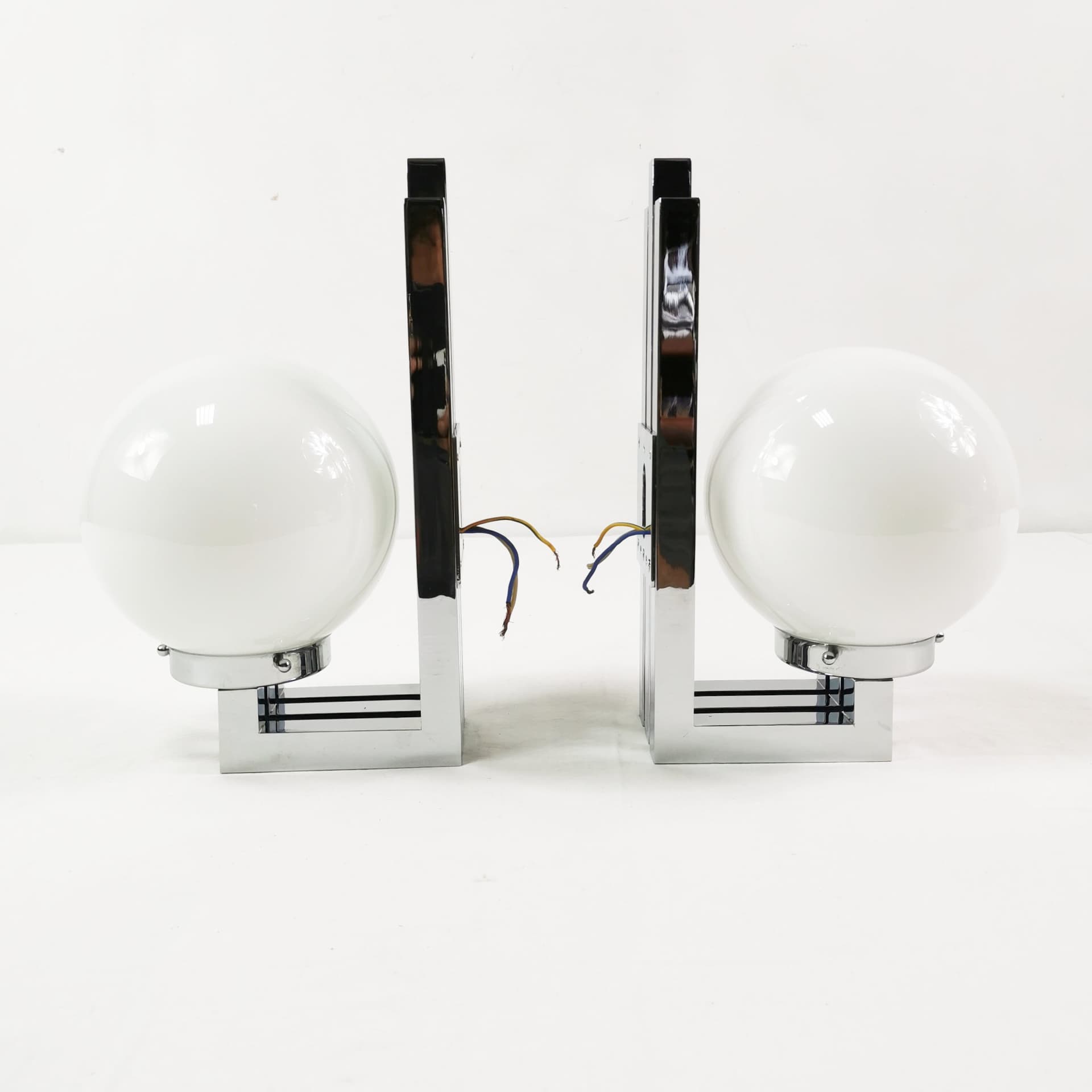 Pair of wall sconces Bauhaus-Modern, silver chrome, white glass, by T. Wien, Austria, 1970s. - 349795
