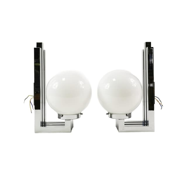 Pair of wall sconces Bauhaus-Modern, silver chrome, white glass, by T. Wien, Austria, 1970s. - DIMENSION