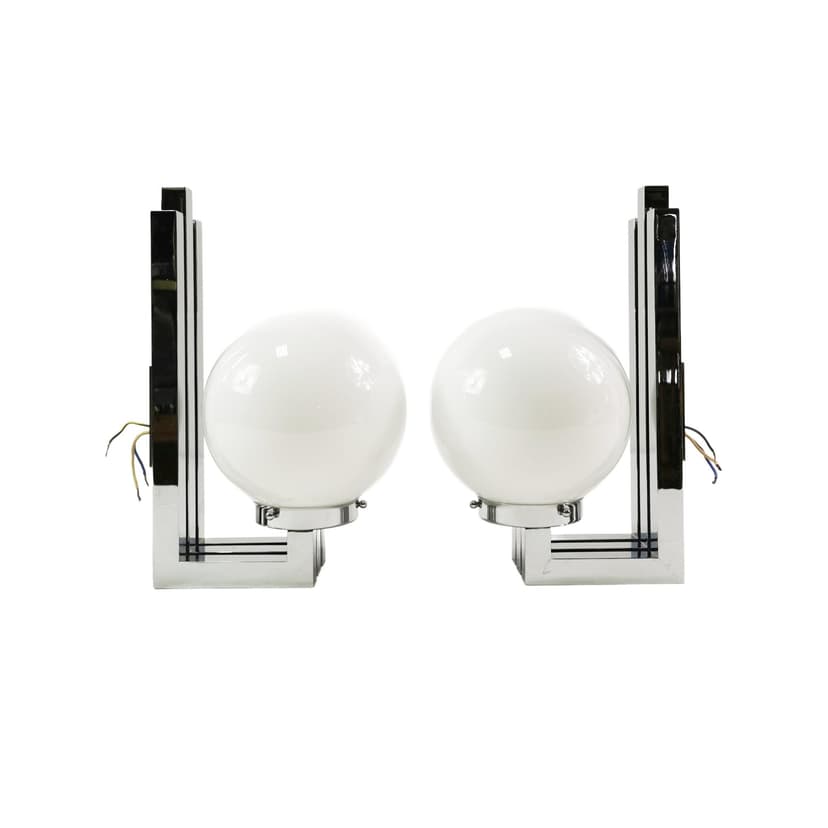Pair of wall sconces Bauhaus-Modern, silver chrome, white glass, by T. Wien, Austria, 1970s.