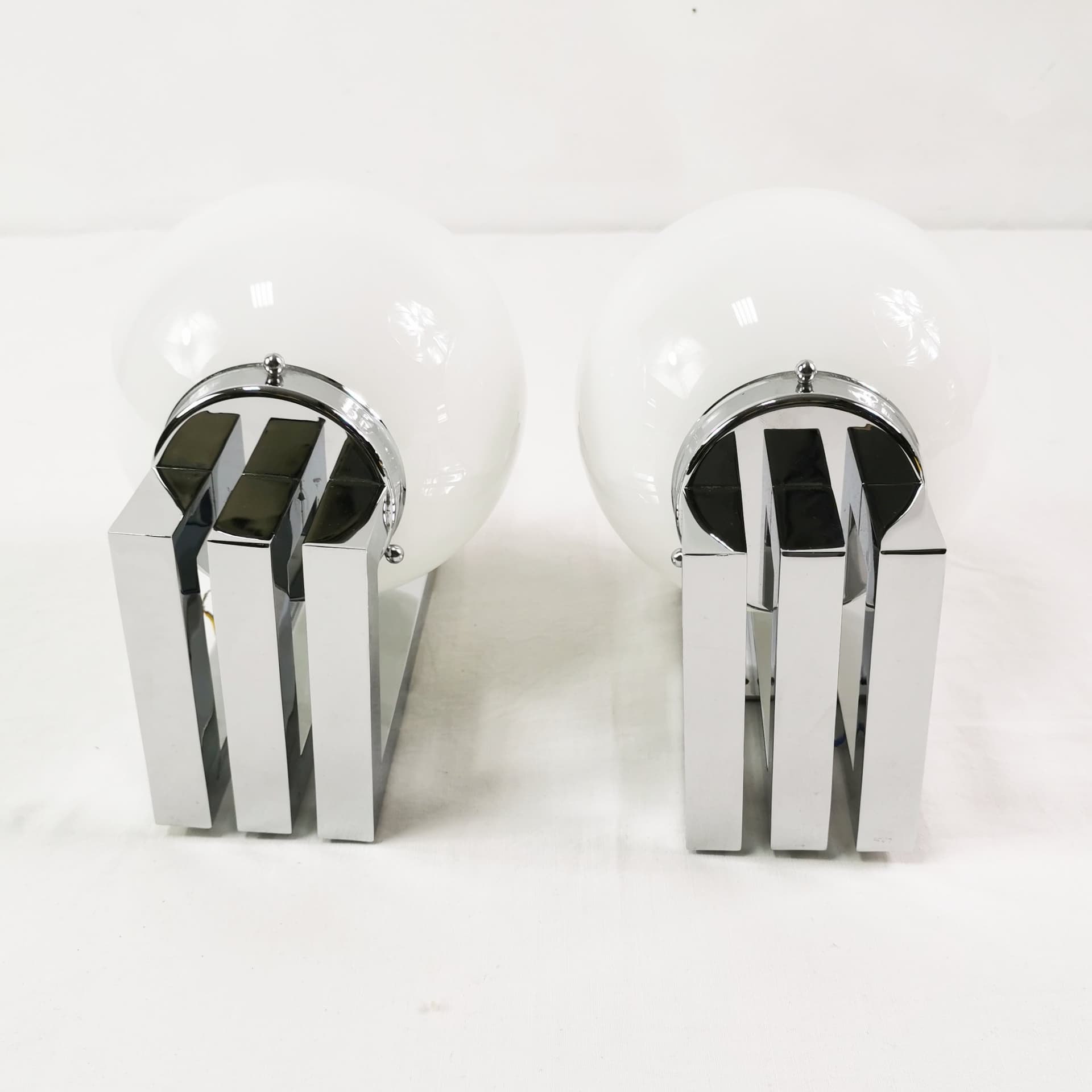 Pair of wall sconces Bauhaus-Modern, silver chrome, white glass, by T. Wien, Austria, 1970s. - 349799