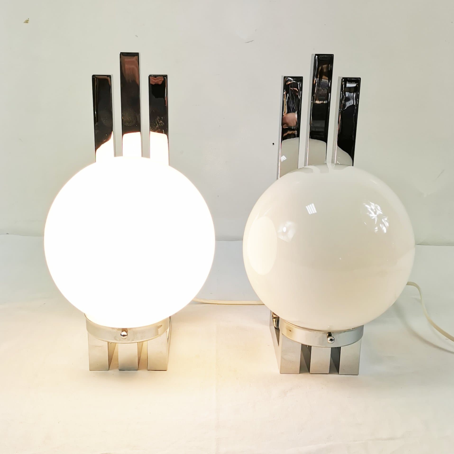 Pair of wall sconces Bauhaus-Modern, silver chrome, white glass, by T. Wien, Austria, 1970s. - 349803