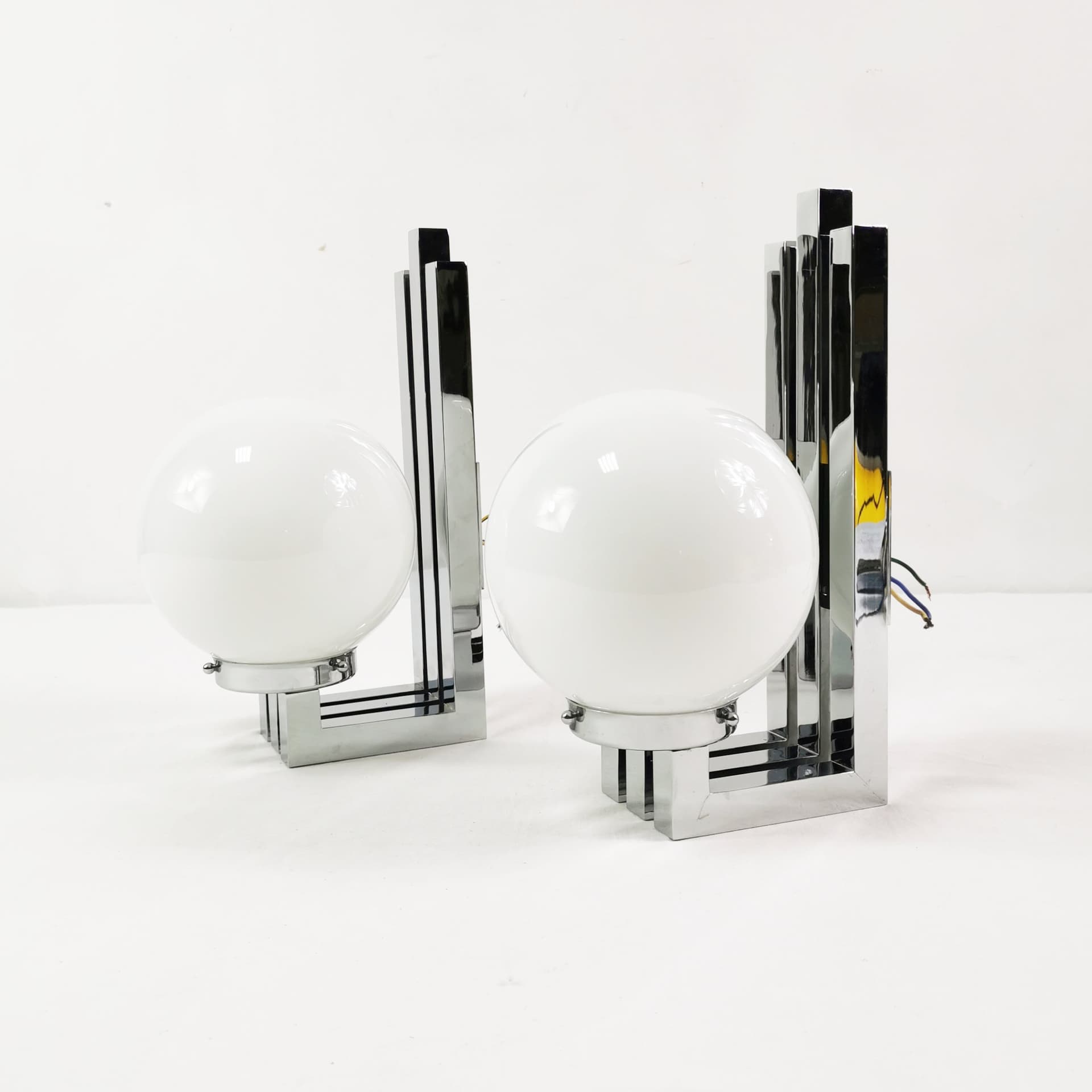 Pair of wall sconces Bauhaus-Modern, silver chrome, white glass, by T. Wien, Austria, 1970s. - 349793