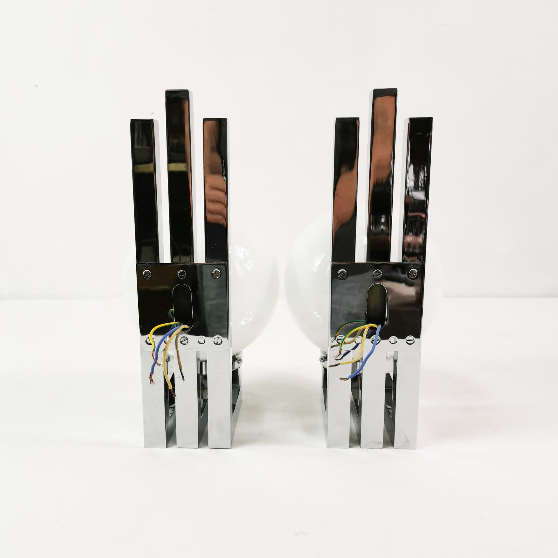 Pair of wall sconces Bauhaus-Modern, silver chrome, white glass, by T. Wien, Austria, 1970s. - 349796