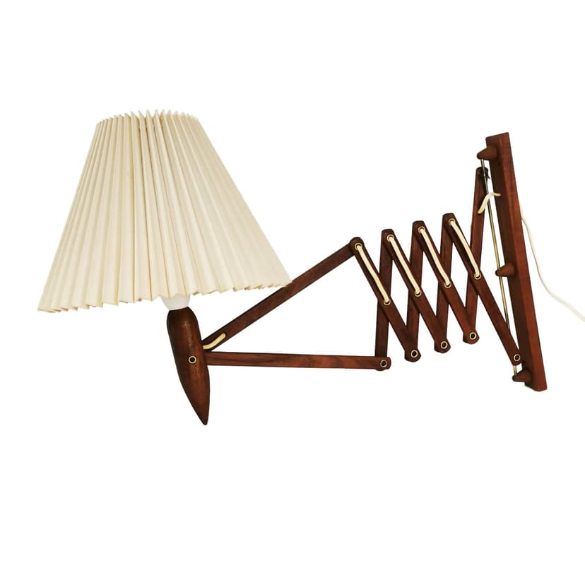 Wall Scissor Lamp, brown teak, by E. Hansen, Denmark, 1960s.