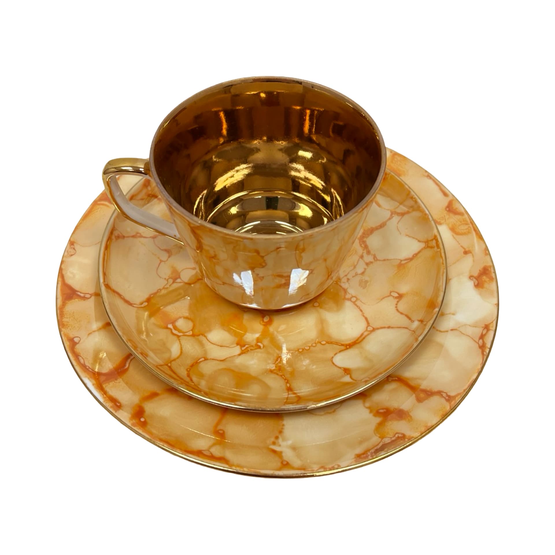 Breakfast trio set, marbled beige orange, gilded porcelain, Chodzież, Poland, 1970s - 349821