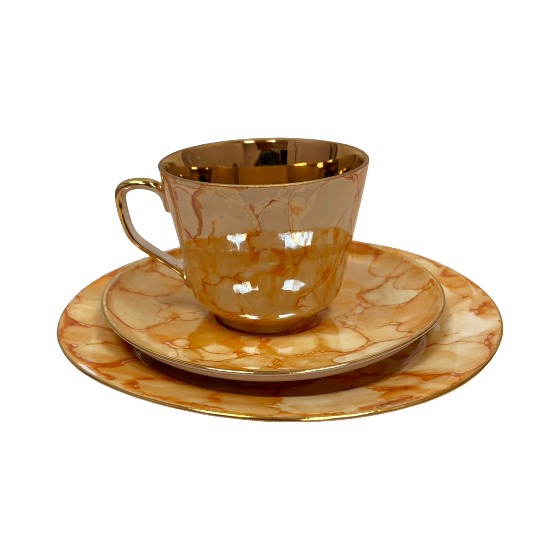 Breakfast trio set, marbled beige orange, gilded porcelain, Chodzież, Poland, 1970s - 349823