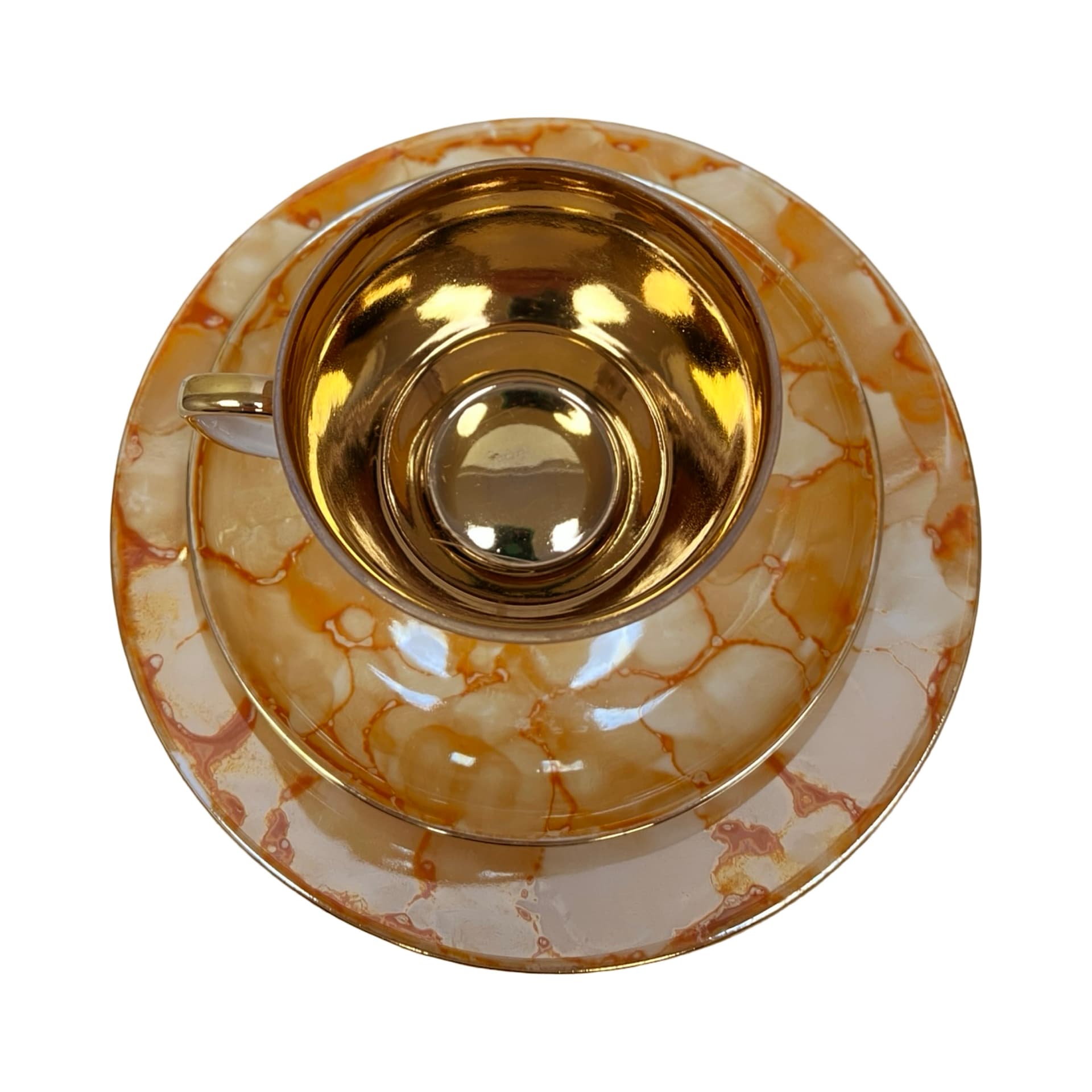 Breakfast trio set, marbled beige orange, gilded porcelain, Chodzież, Poland, 1970s - 349820
