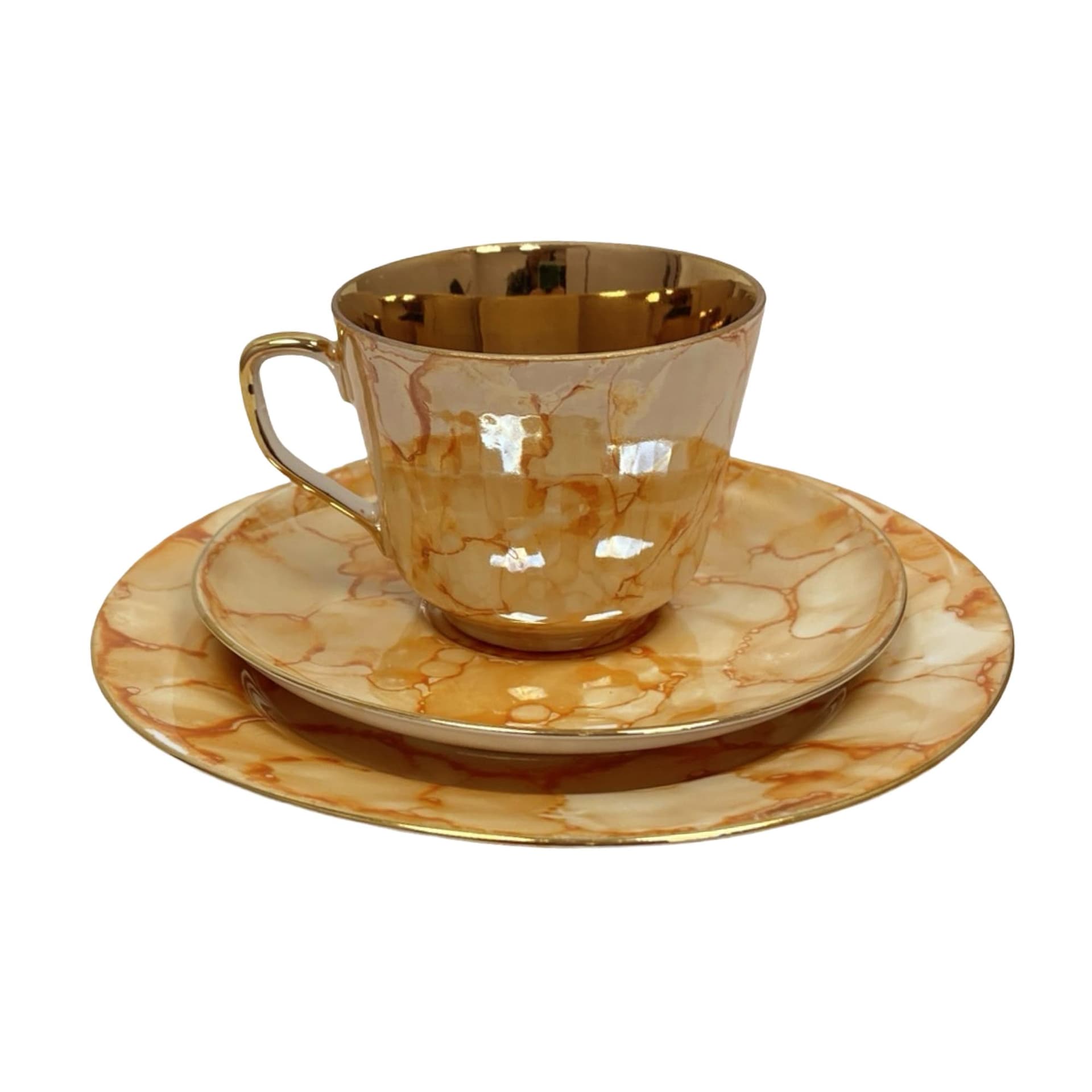 Breakfast trio set, marbled beige orange, gilded porcelain, Chodzież, Poland, 1970s