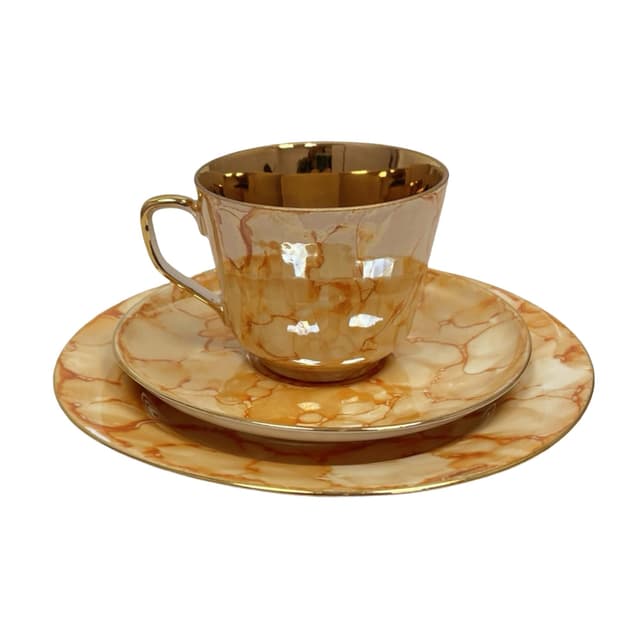 Breakfast trio set, marbled beige orange, gilded porcelain, Chodzież, Poland, 1970s - DIMENSION
