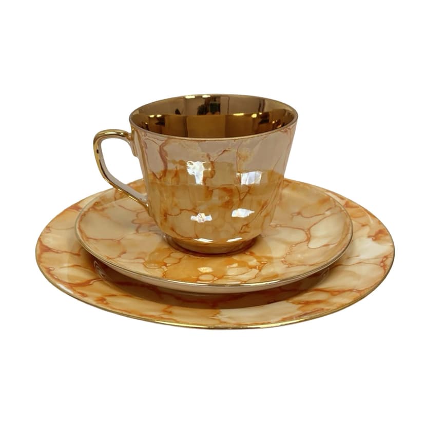 Breakfast trio set, marbled beige orange, gilded porcelain, Chodzież, Poland, 1970s