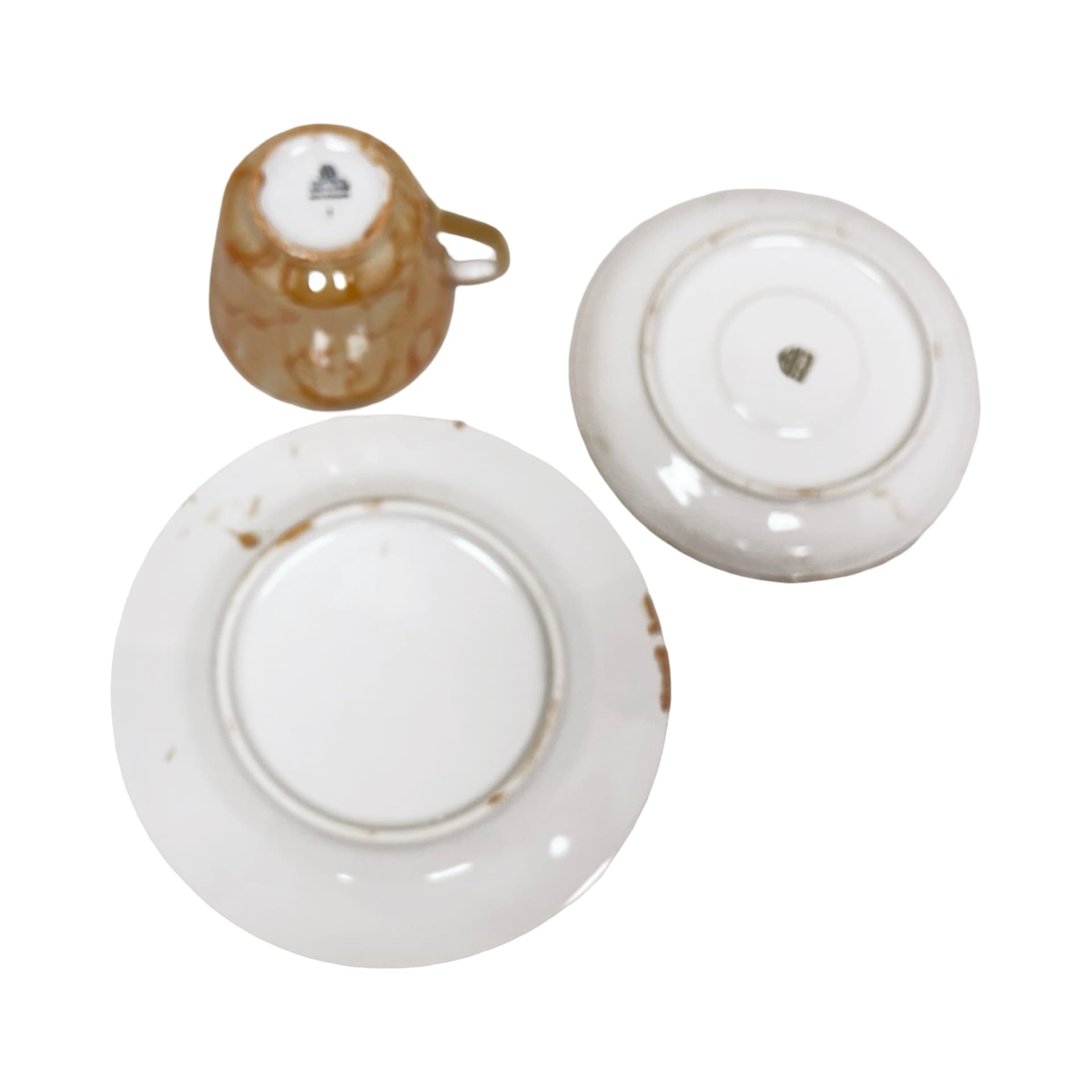 Breakfast trio set, marbled beige orange, gilded porcelain, Chodzież, Poland, 1970s - 349824