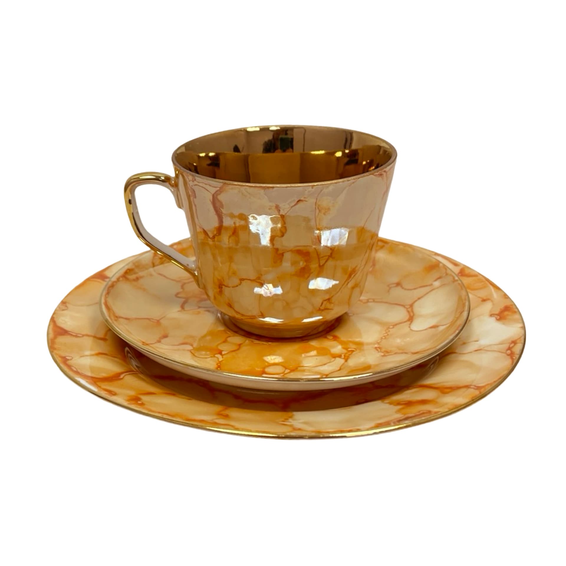 Breakfast trio set, marbled beige orange, gilded porcelain, Chodzież, Poland, 1970s - 349817