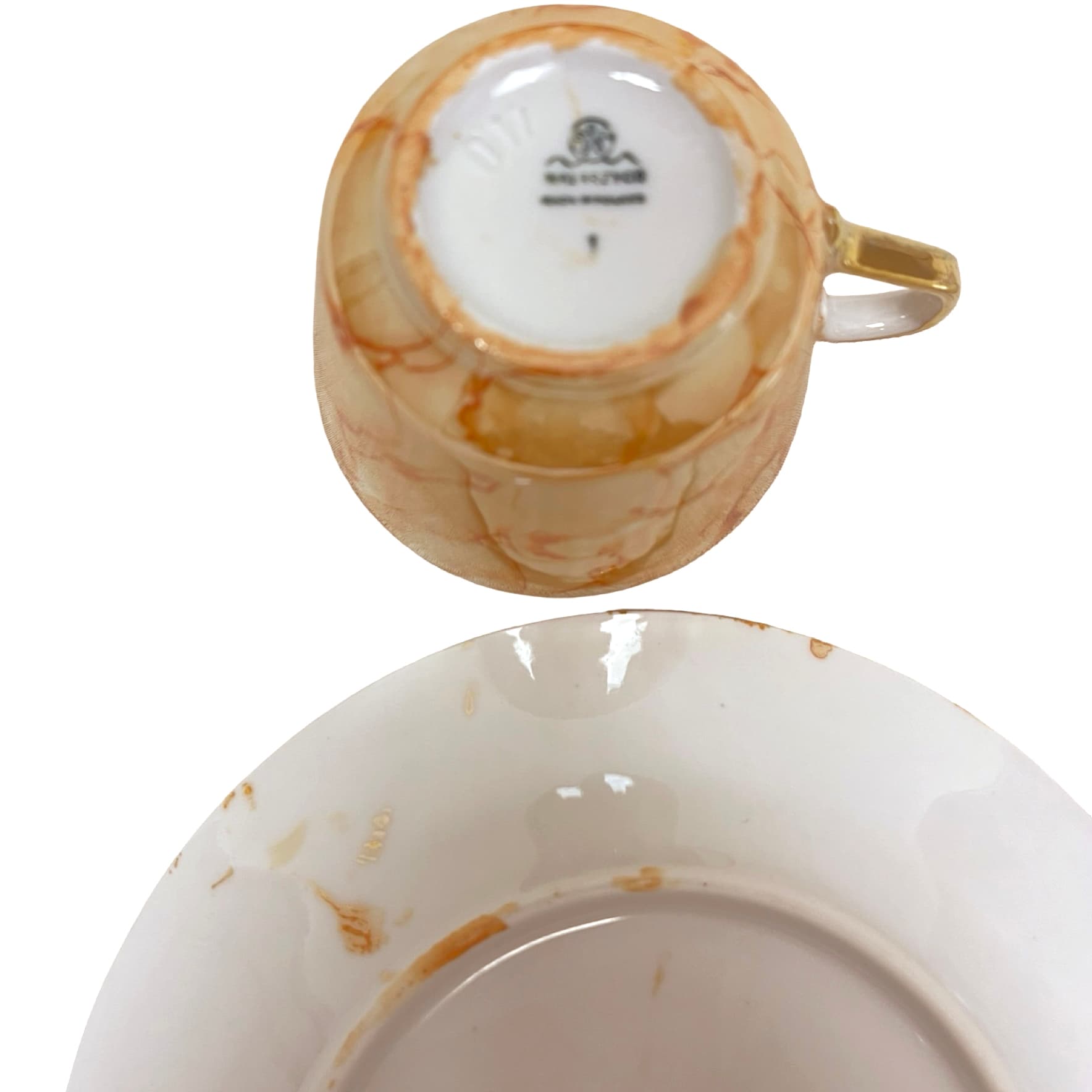 Breakfast trio set, marbled beige orange, gilded porcelain, Chodzież, Poland, 1970s - 349818