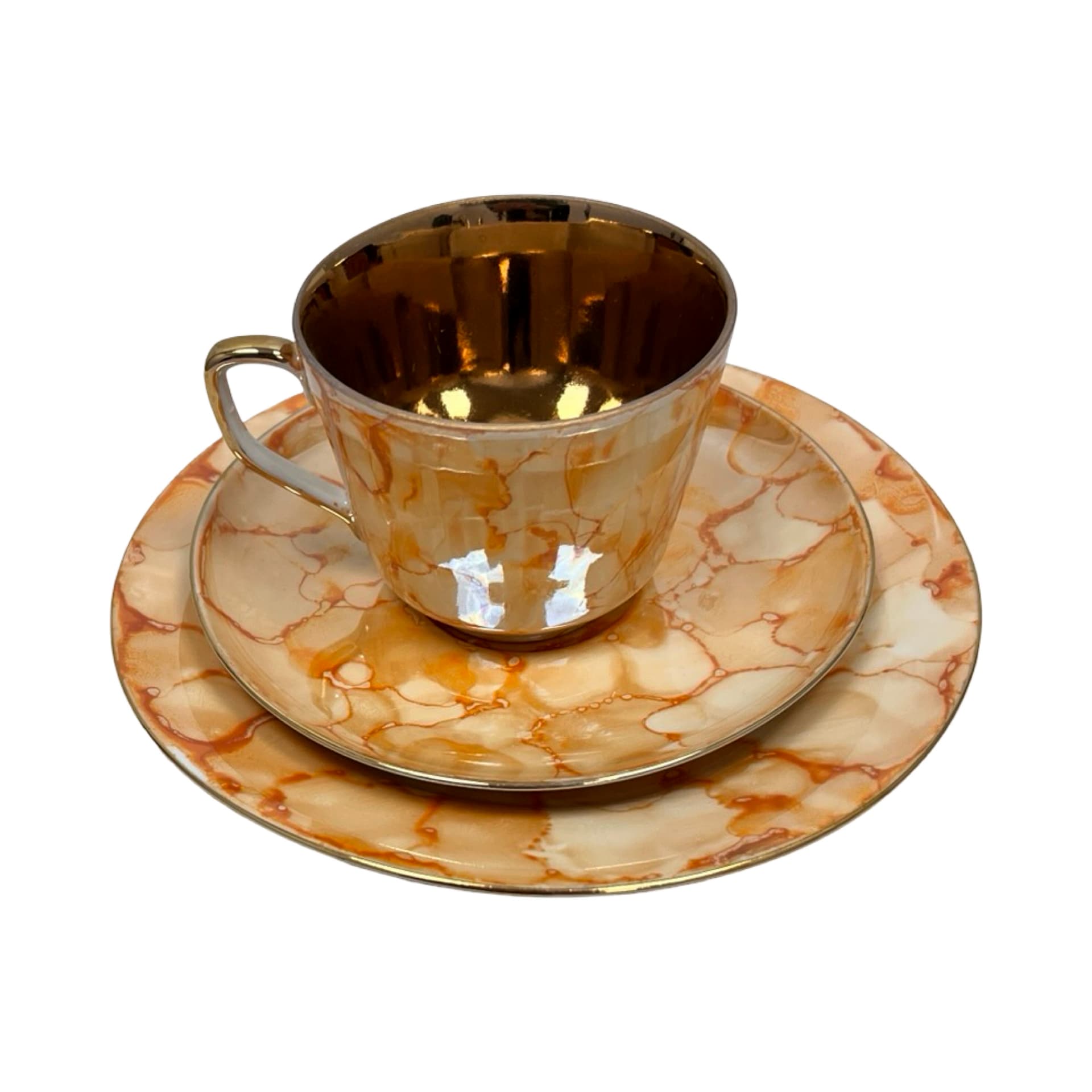 Breakfast trio set, marbled beige orange, gilded porcelain, Chodzież, Poland, 1970s - 349825
