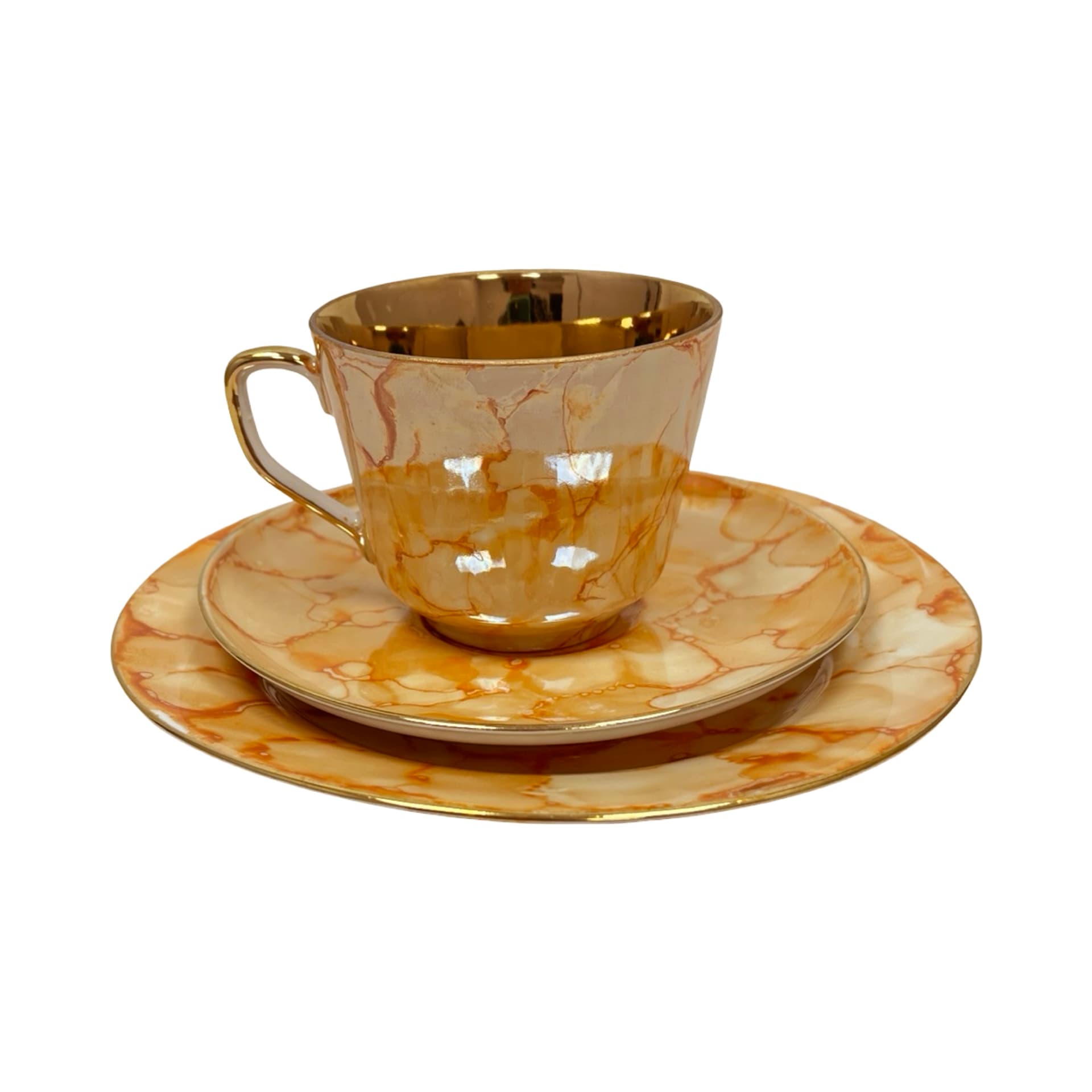 Breakfast trio set, marbled beige orange, gilded porcelain, Chodzież, Poland, 1970s - 349822