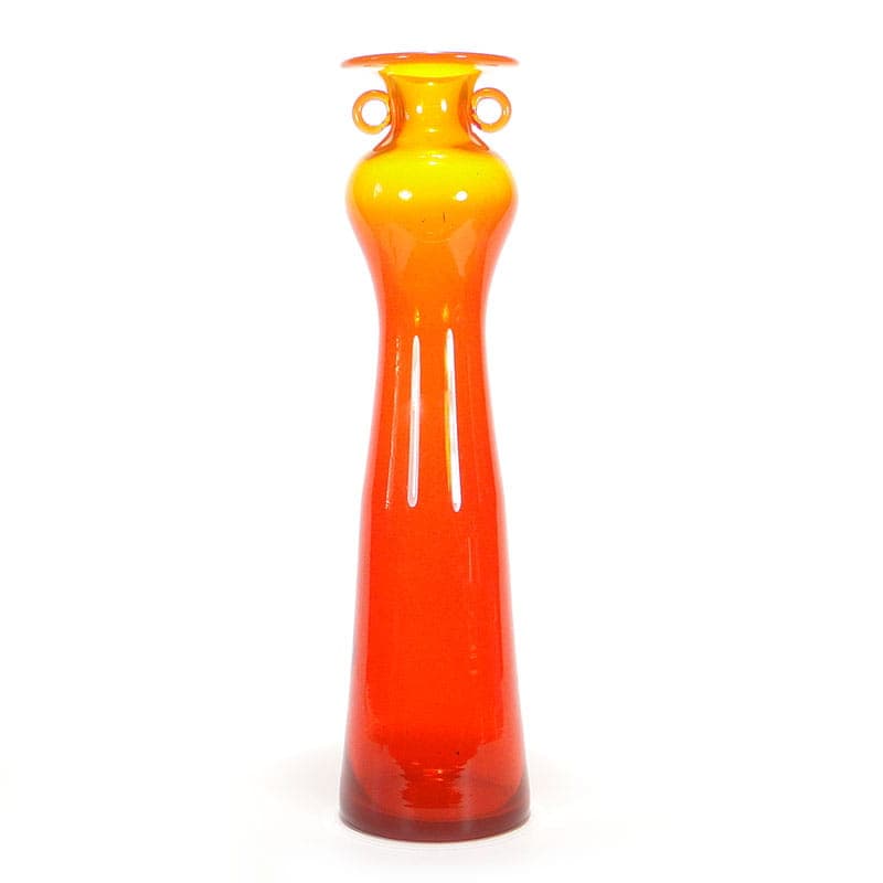 Art glass vase, red orange transparent glass, by K. Krawczyk, Poland, 1970s.