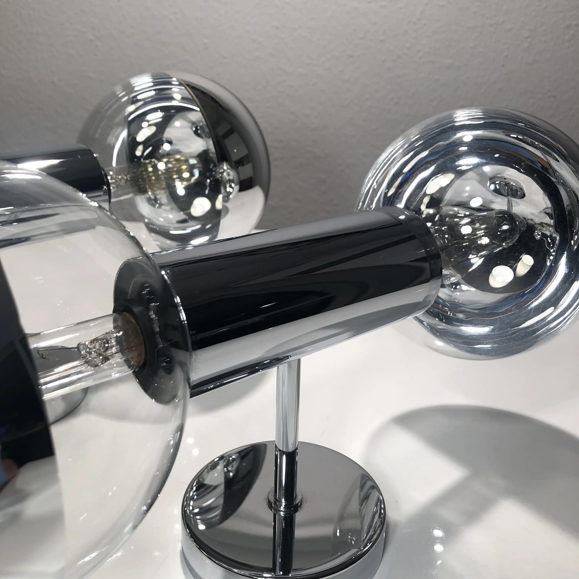 Pair of sconces Space Age, chrome silver metal, glass, by M. Ishi, Staff Leuchten, Germany, 1970s. - 25976