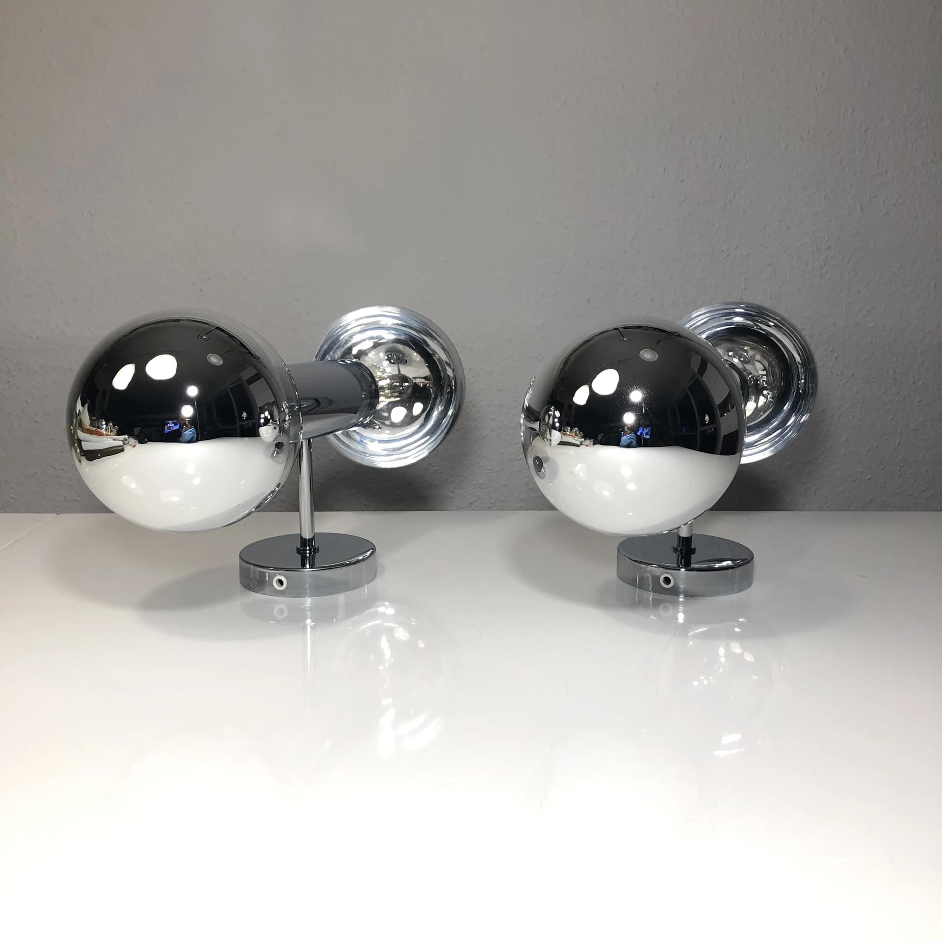Pair of sconces Space Age, chrome silver metal, glass, by M. Ishi, Staff Leuchten, Germany, 1970s. - 25981