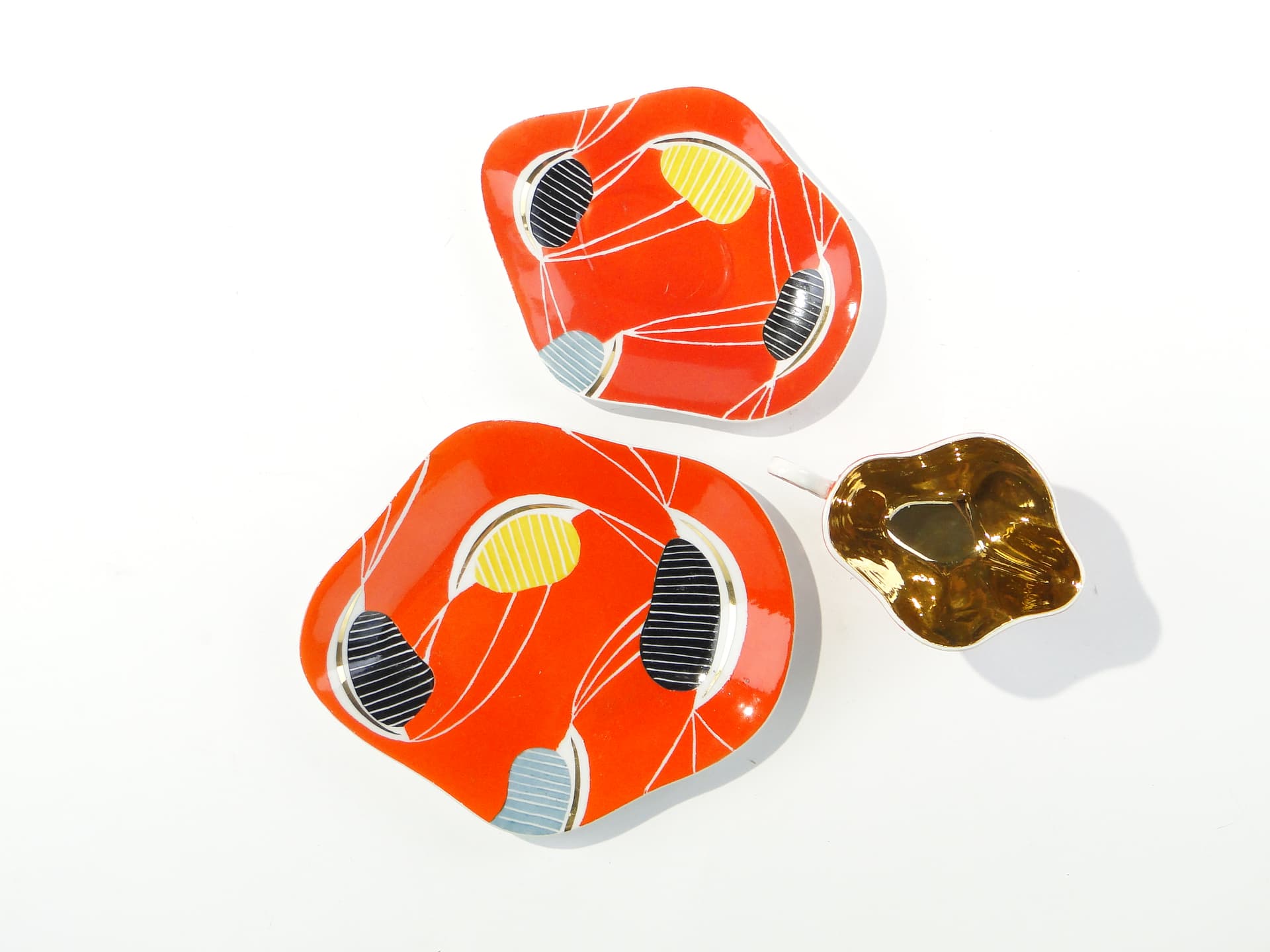 Breakfast set, pop-art, white orange black yellow blue gold porcelain, Steatyt, Poland, 1960s. - 349948