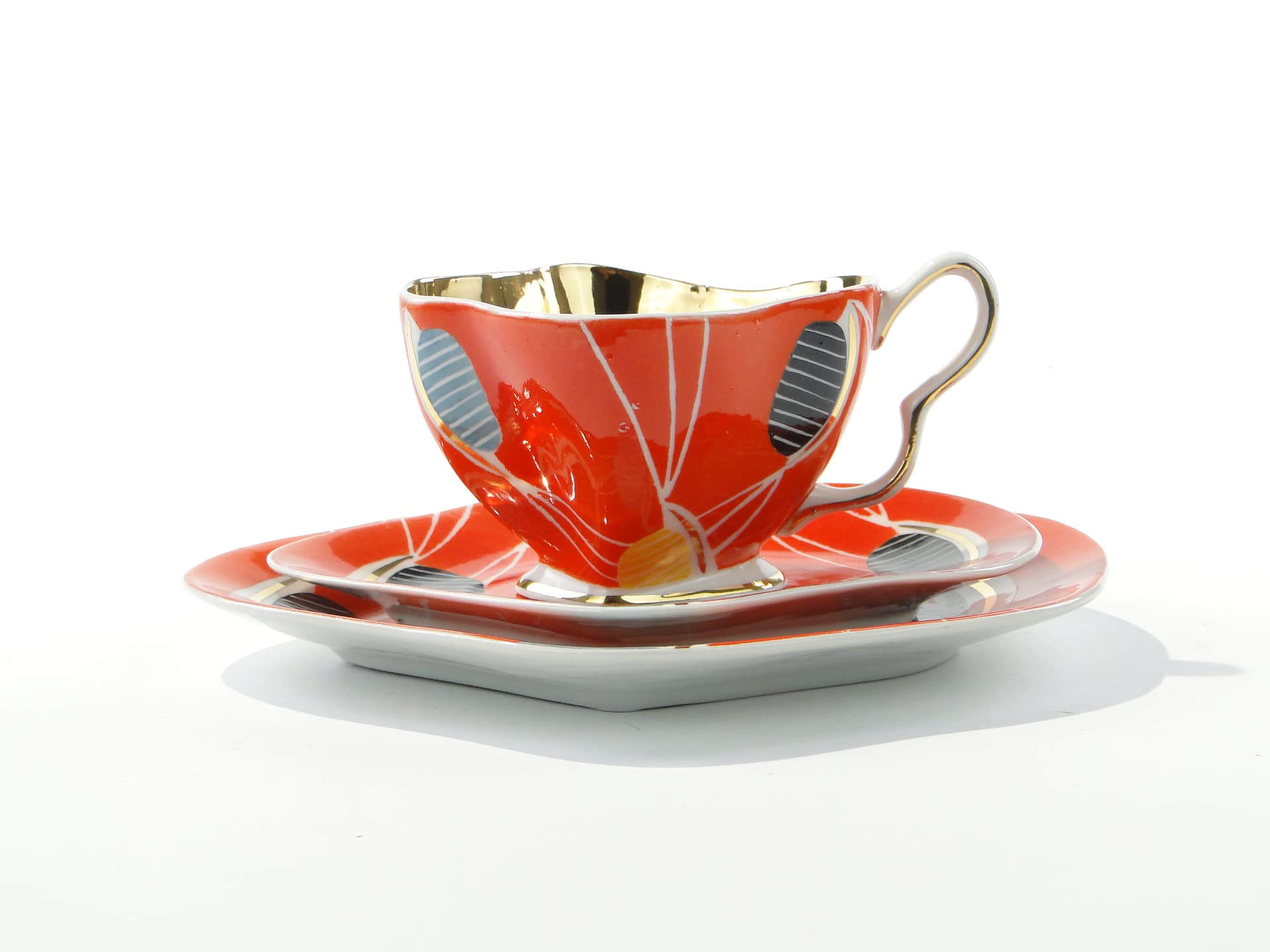 Breakfast set, pop-art, white orange black yellow blue gold porcelain, Steatyt, Poland, 1960s. - 349941