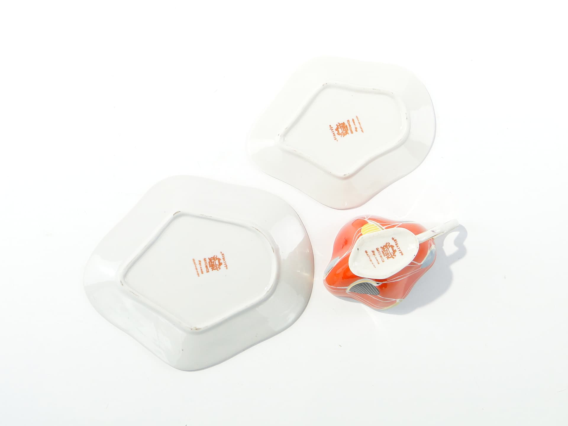 Breakfast set, pop-art, white orange black yellow blue gold porcelain, Steatyt, Poland, 1960s. - 349946