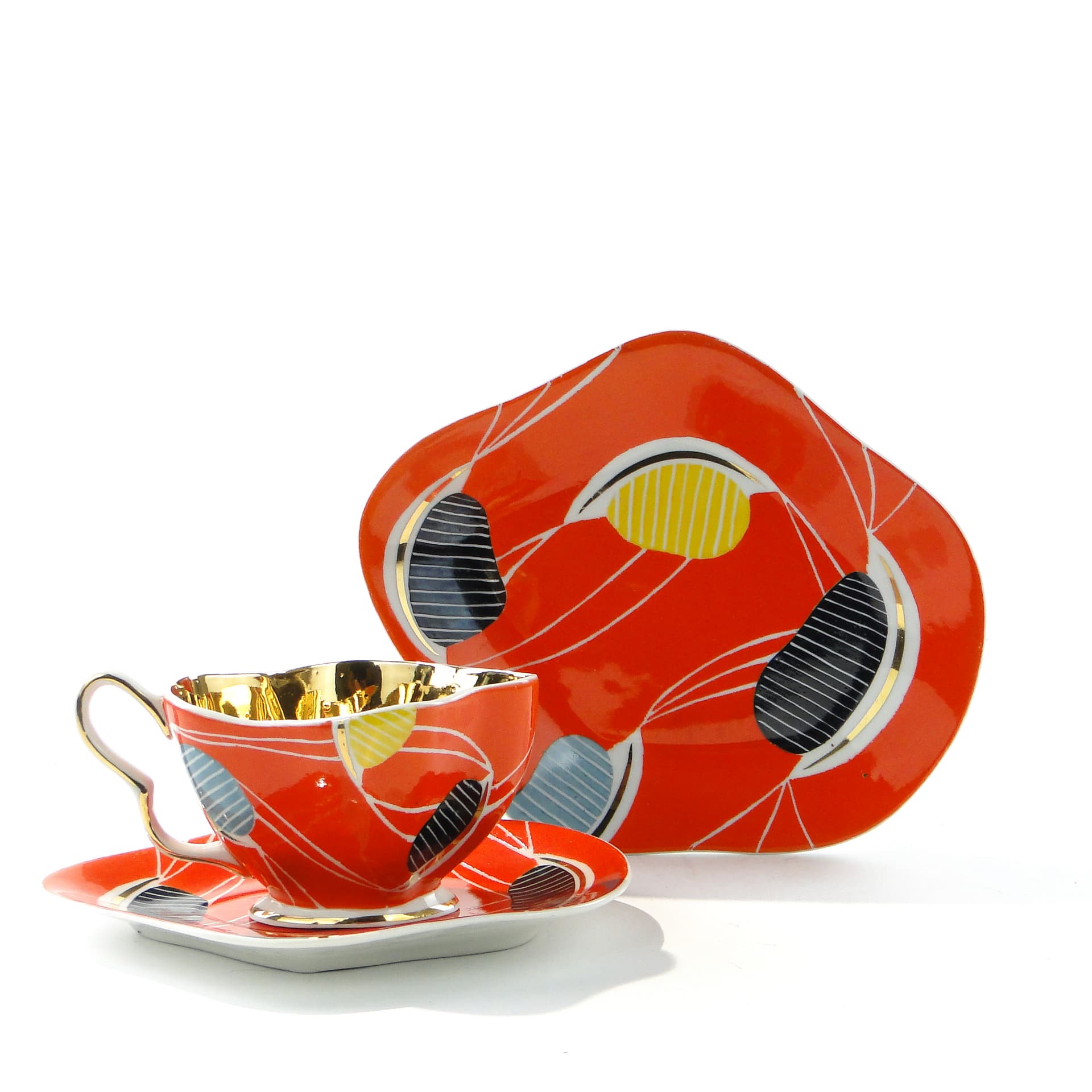 Breakfast set, pop-art, white orange black yellow blue gold porcelain, Steatyt, Poland, 1960s.