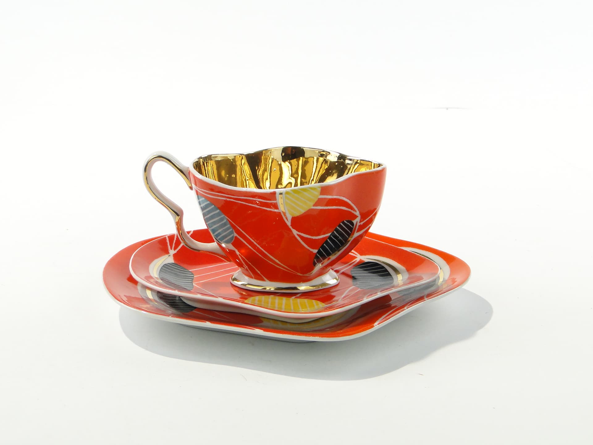 Breakfast set, pop-art, white orange black yellow blue gold porcelain, Steatyt, Poland, 1960s. - 349945