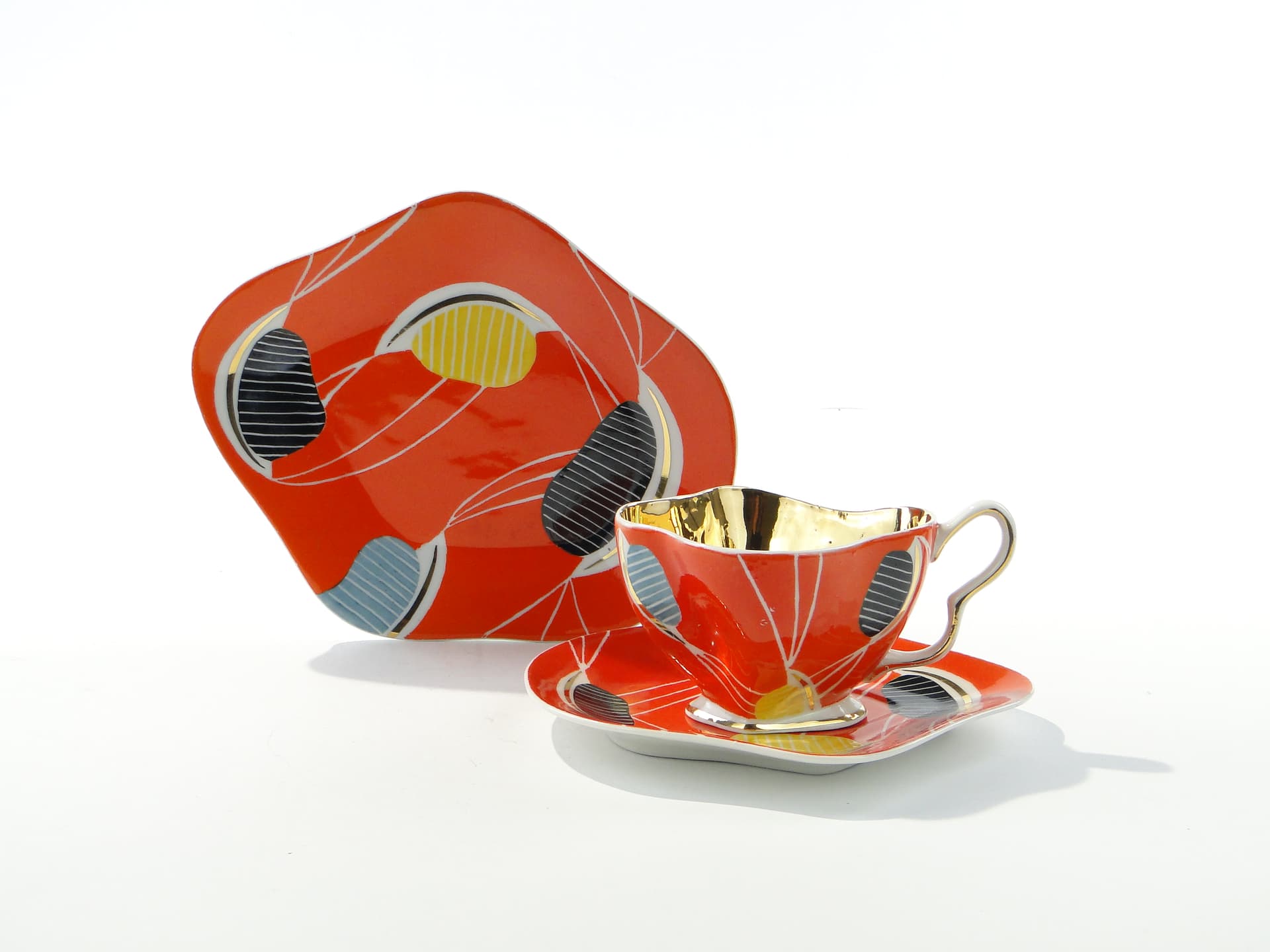 Breakfast set, pop-art, white orange black yellow blue gold porcelain, Steatyt, Poland, 1960s. - 349944