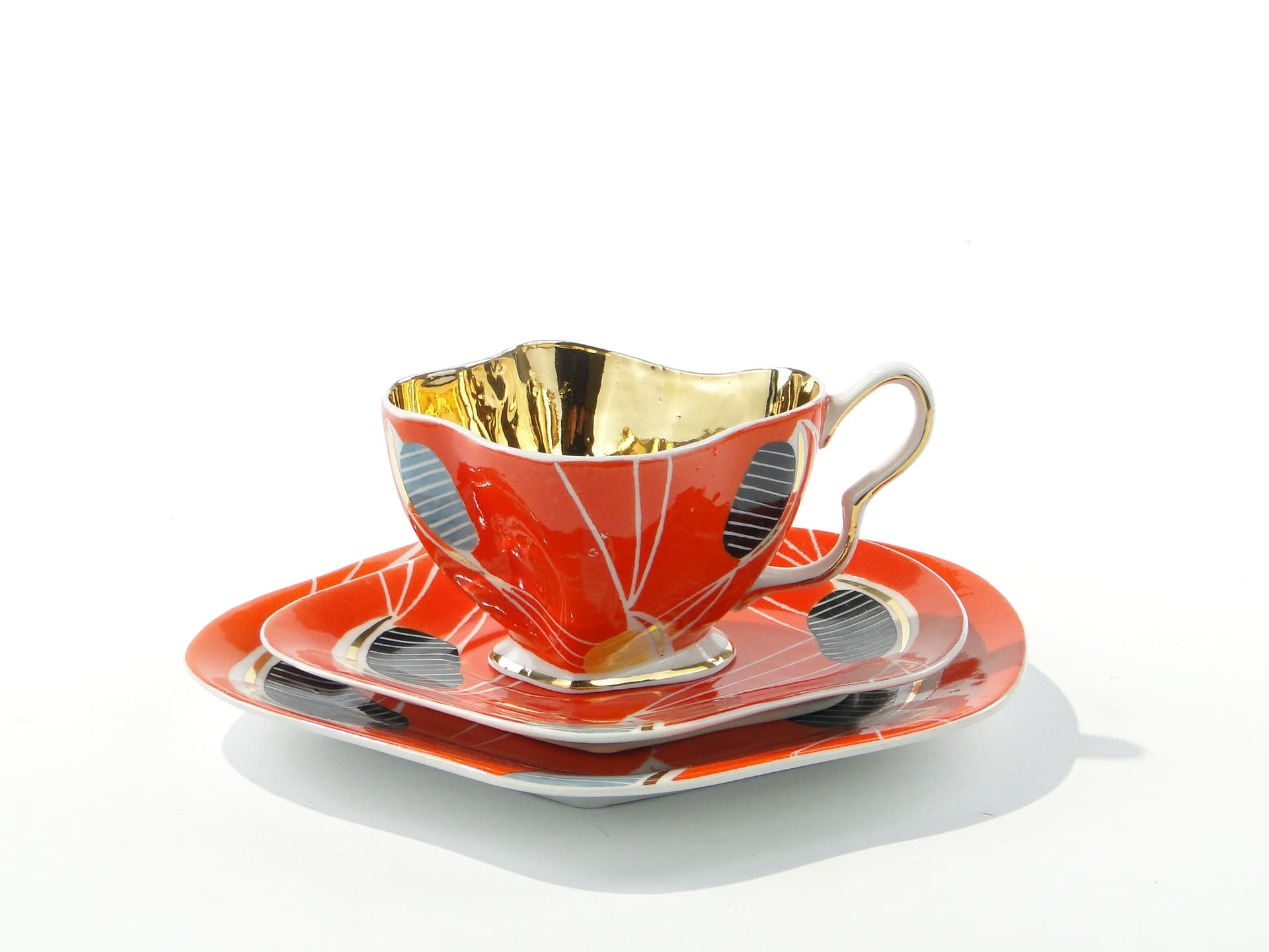 Breakfast set, pop-art, white orange black yellow blue gold porcelain, Steatyt, Poland, 1960s. - 349940