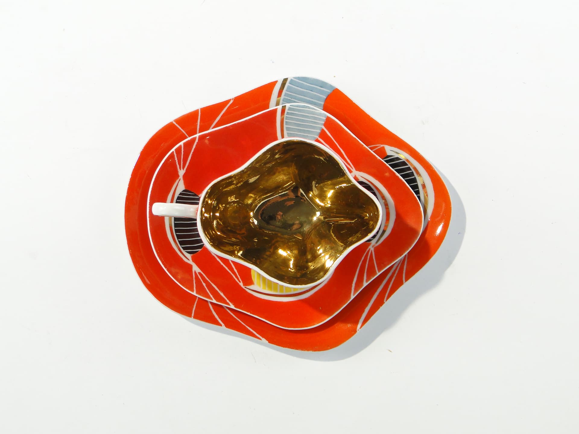 Breakfast set, pop-art, white orange black yellow blue gold porcelain, Steatyt, Poland, 1960s. - 349939