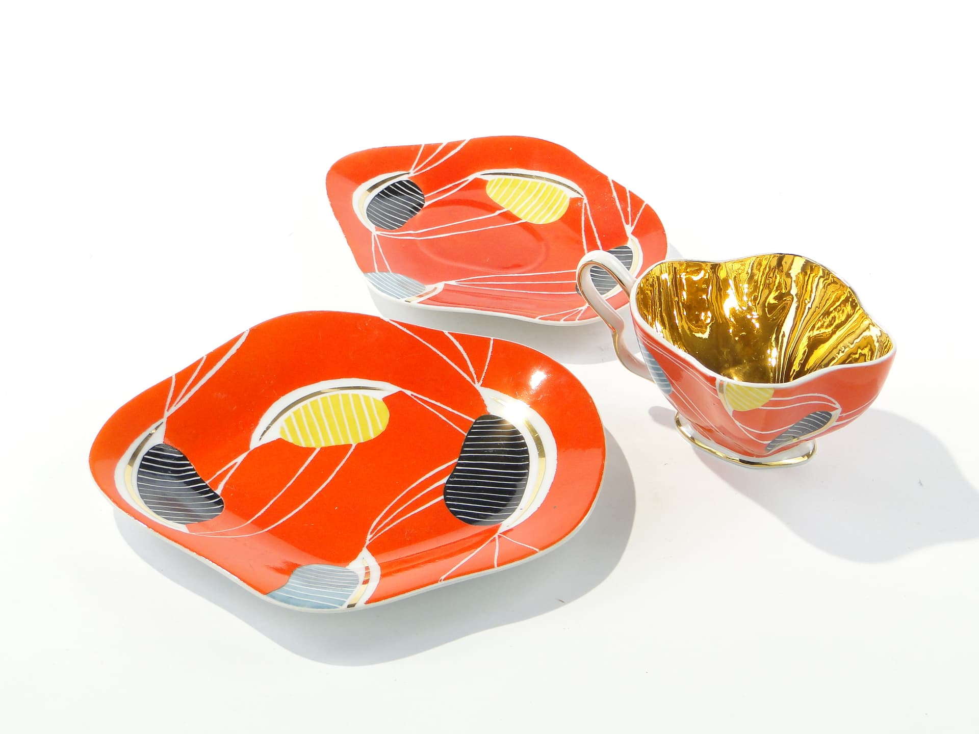 Breakfast set, pop-art, white orange black yellow blue gold porcelain, Steatyt, Poland, 1960s. - 349947