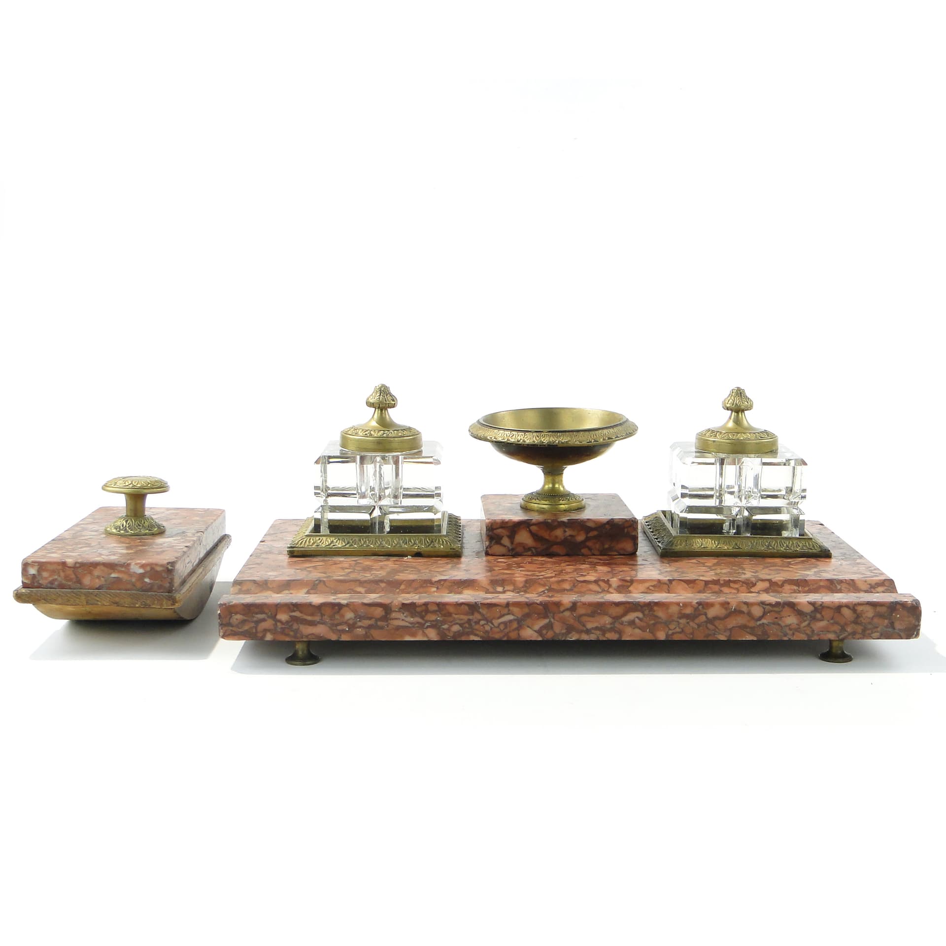 Empire desk set, red marble, crystal, gilt bronze, early 20th century