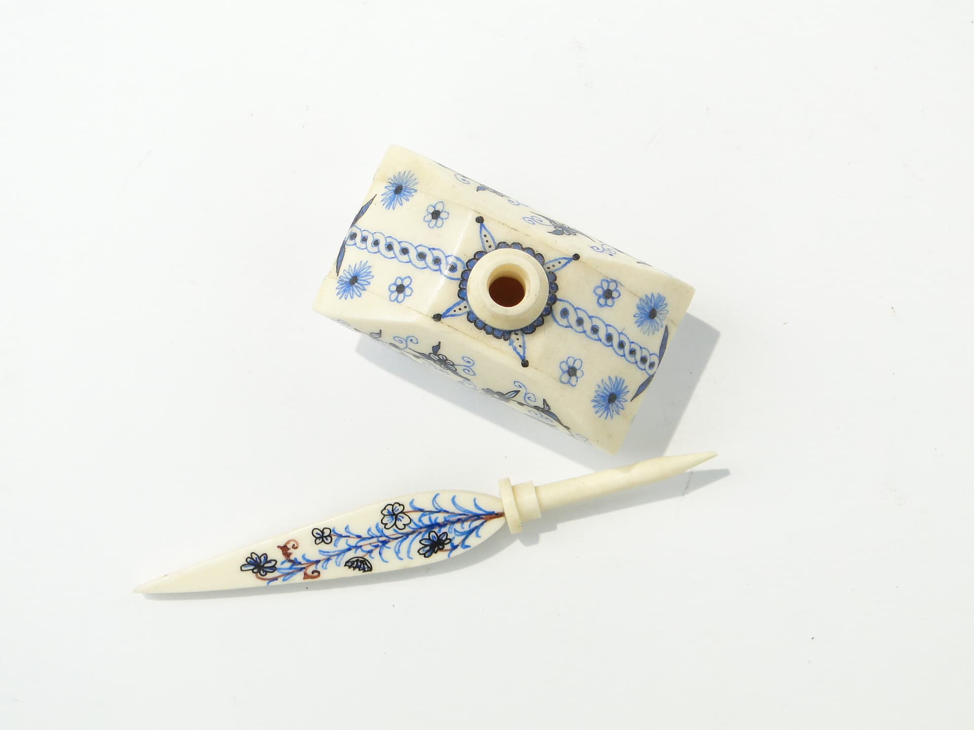 Attar Perfume Bottle, beige blue black brown, bone cork, Iran, 1920s - 349985