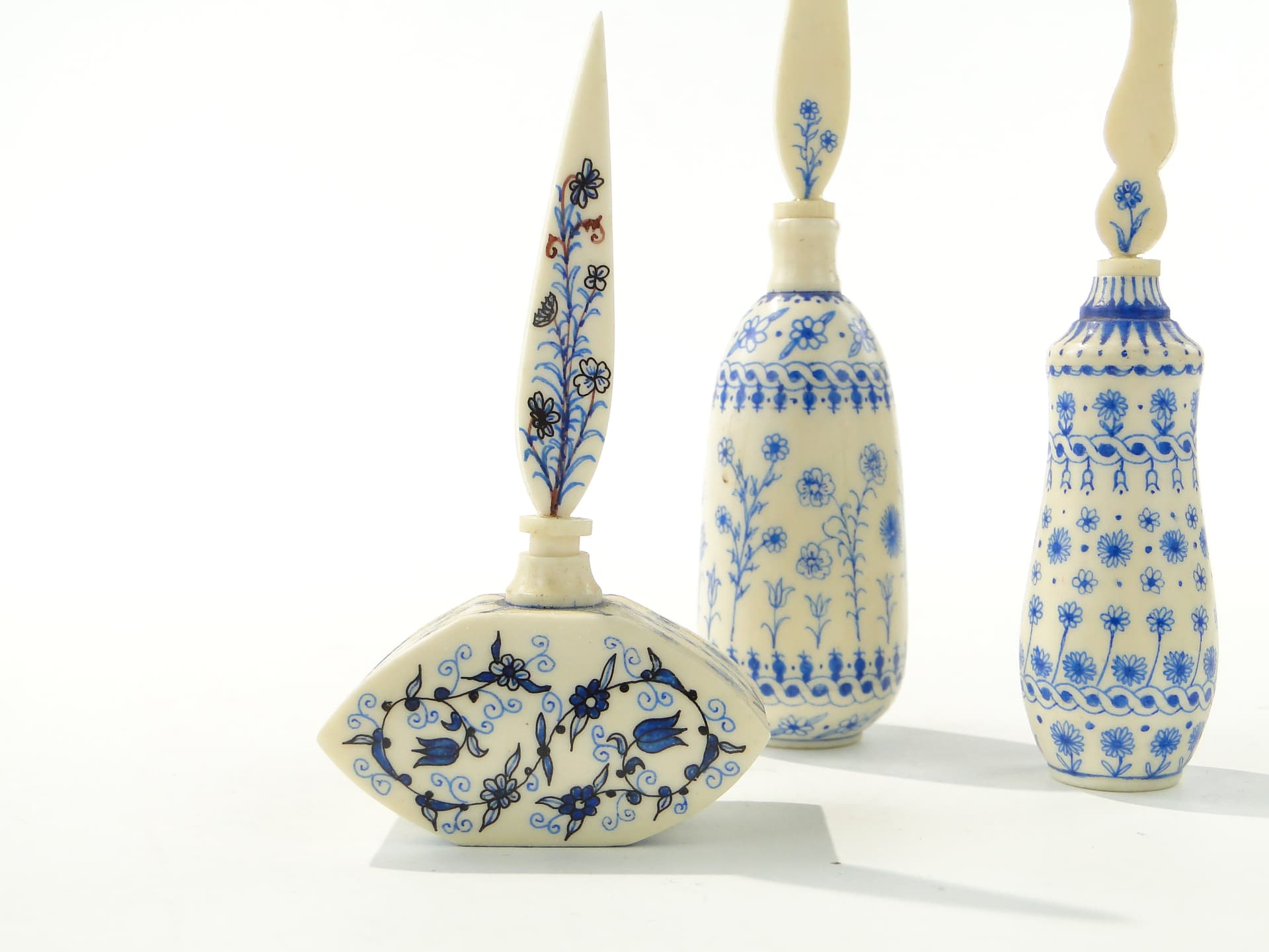 Attar Perfume Bottle, beige blue black brown, bone cork, Iran, 1920s - 349989