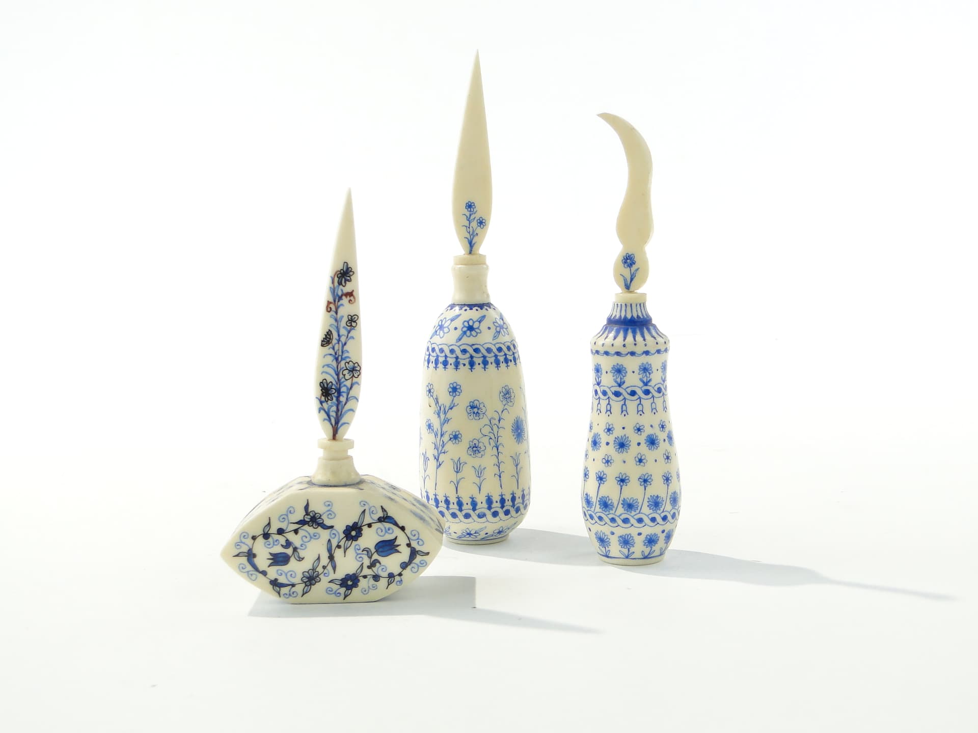 Attar Perfume Bottle, beige blue black brown, bone cork, Iran, 1920s - 349988