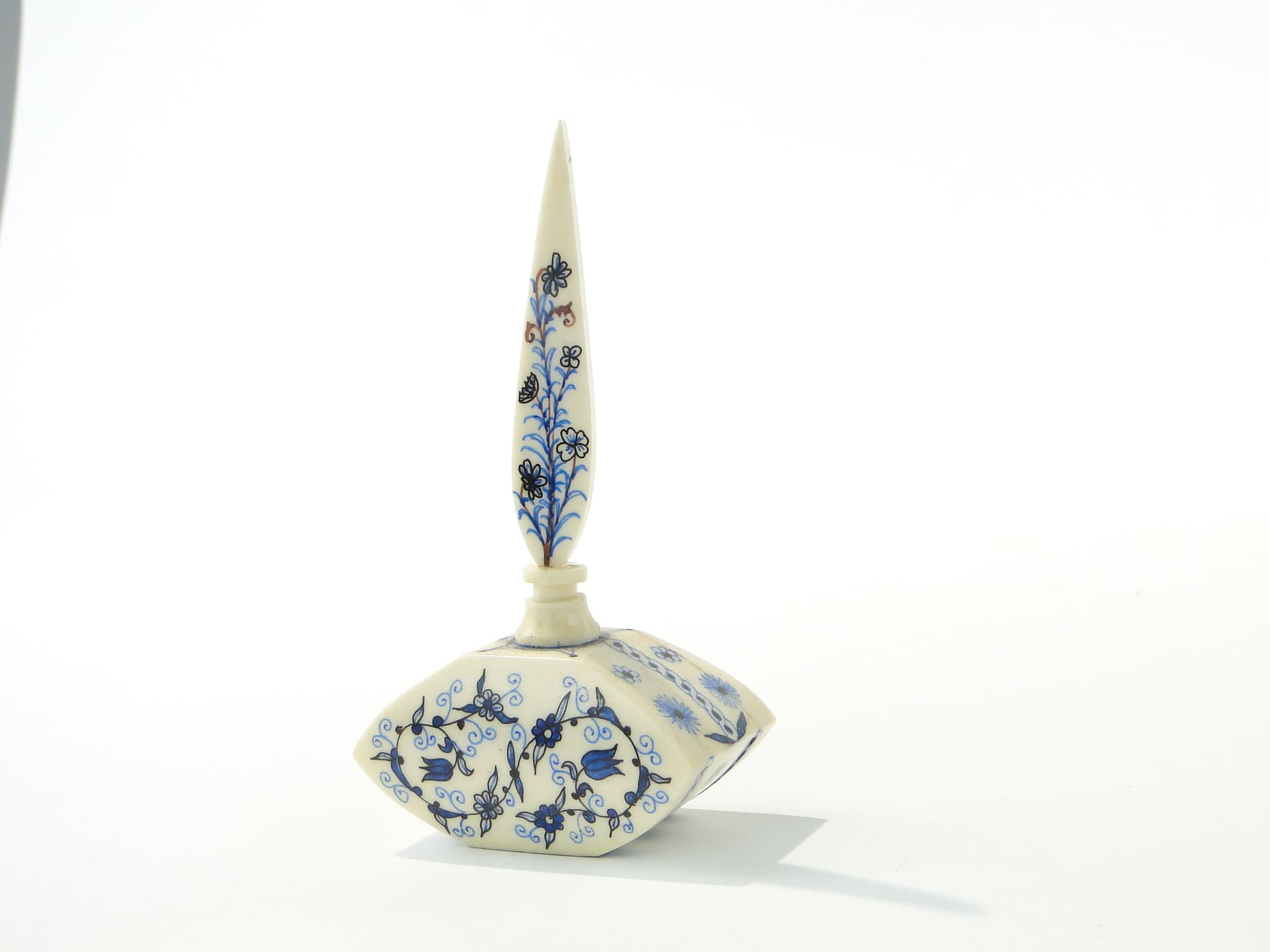 Attar Perfume Bottle, beige blue black brown, bone cork, Iran, 1920s - 349983