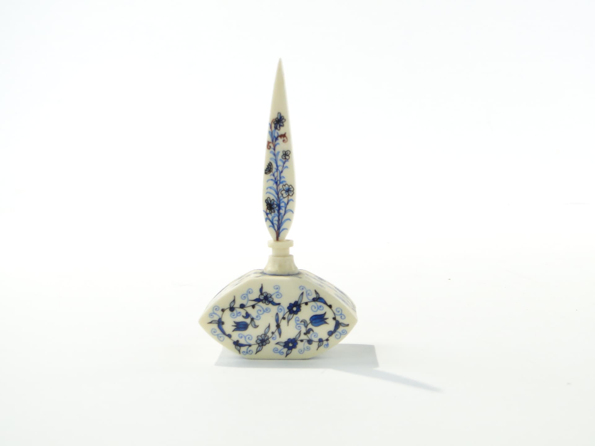 Attar Perfume Bottle, beige blue black brown, bone cork, Iran, 1920s - 349987