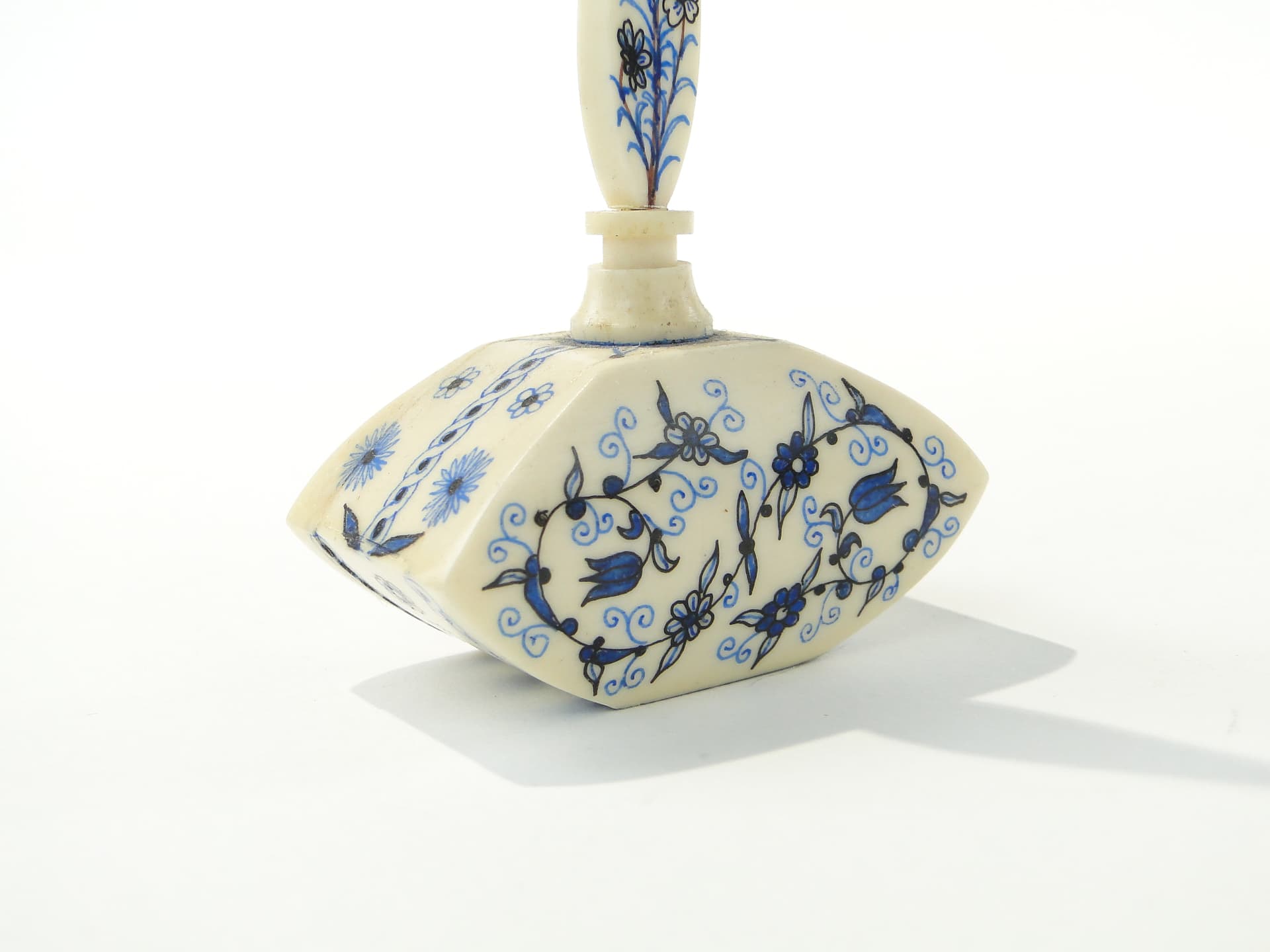 Attar Perfume Bottle, beige blue black brown, bone cork, Iran, 1920s - 349981