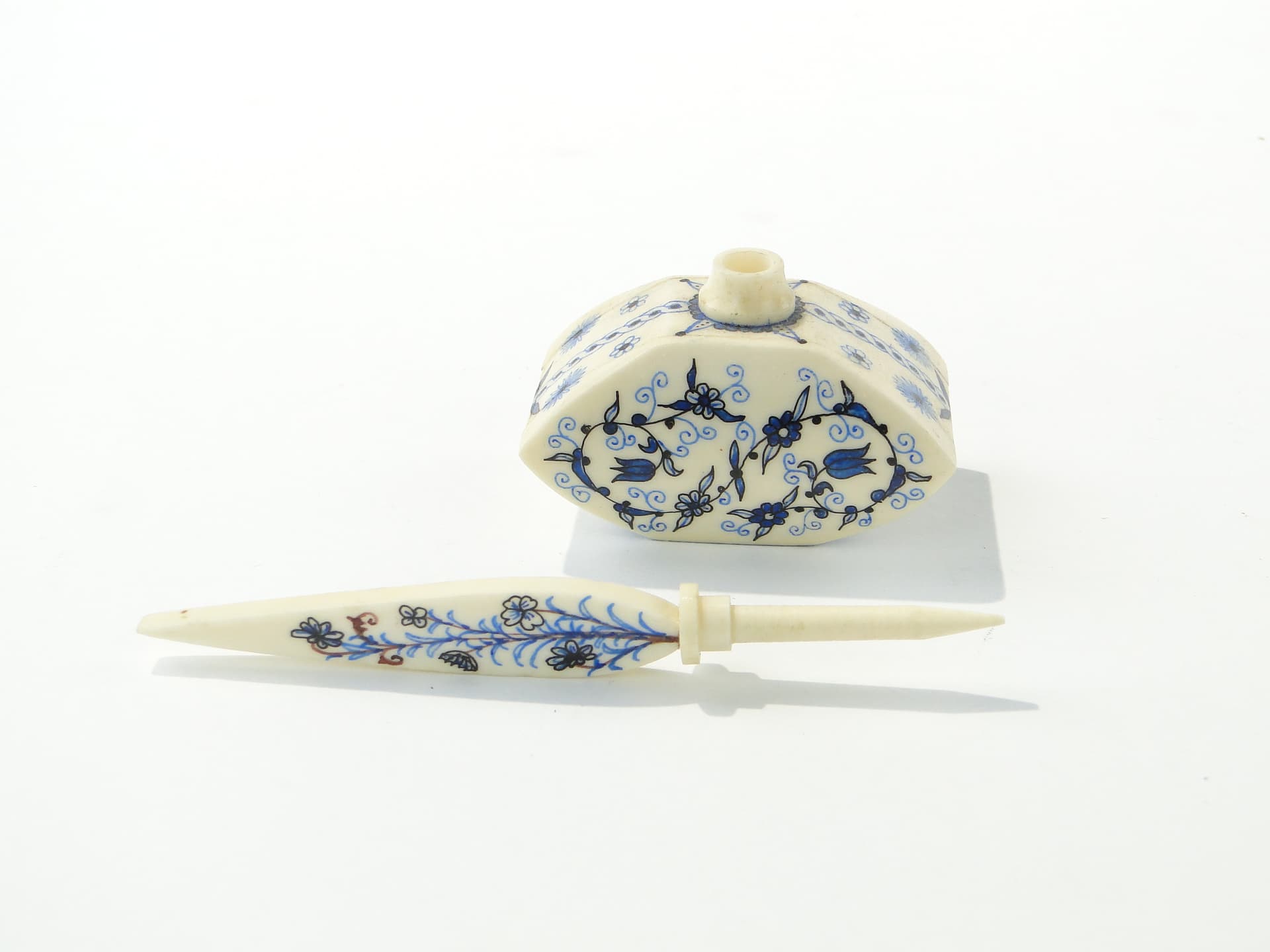Attar Perfume Bottle, beige blue black brown, bone cork, Iran, 1920s - 349984