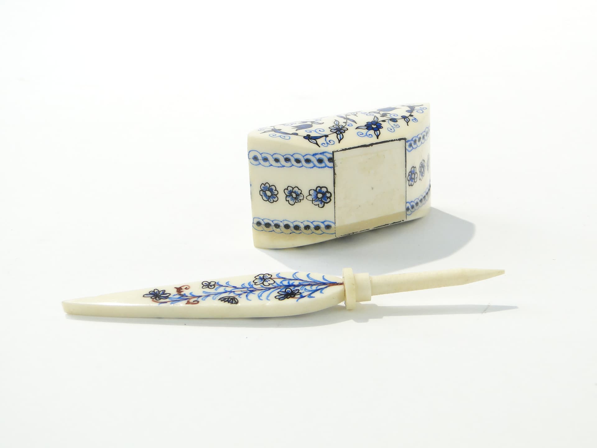 Attar Perfume Bottle, beige blue black brown, bone cork, Iran, 1920s - 349986