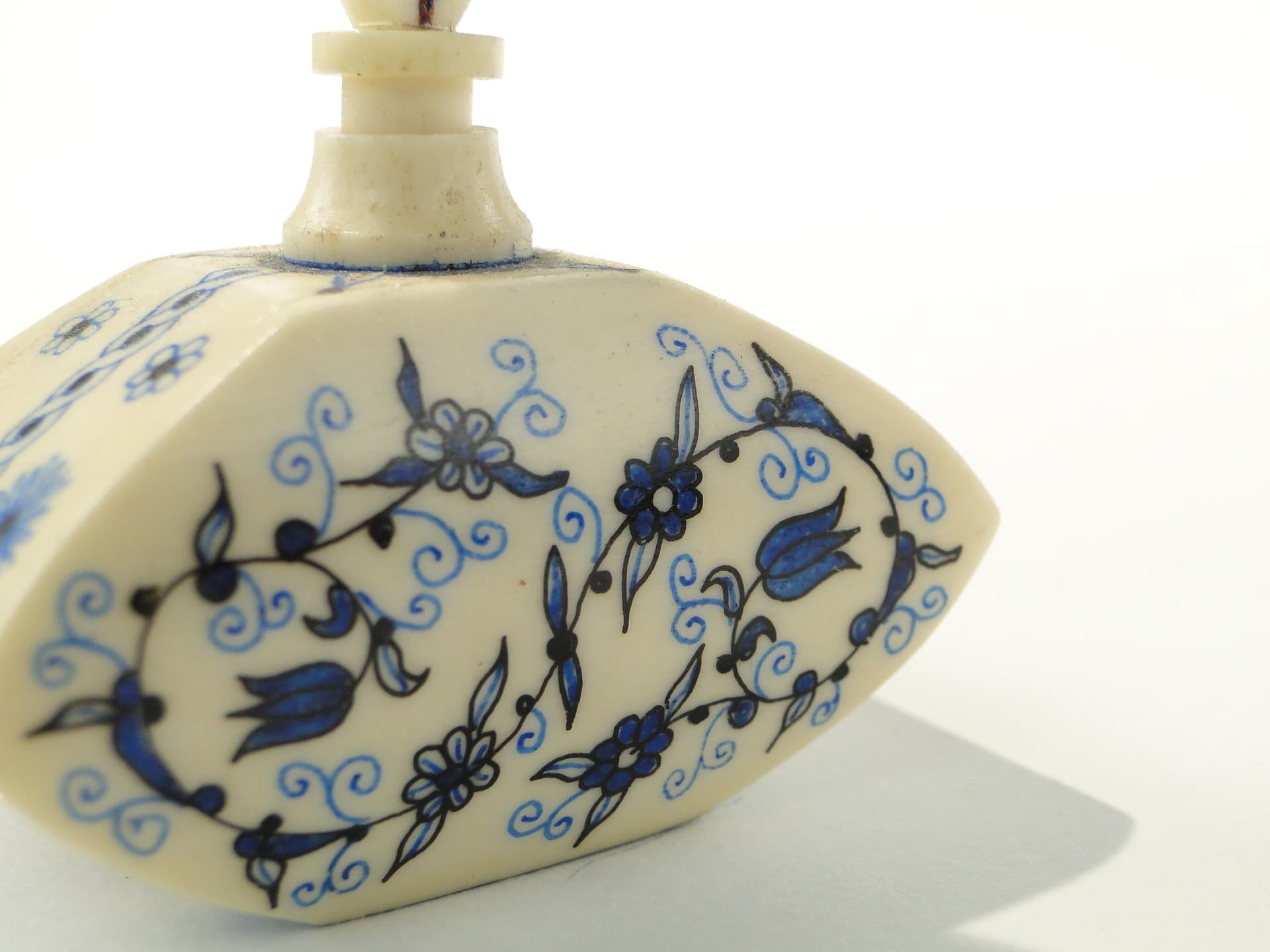 Attar Perfume Bottle, beige blue black brown, bone cork, Iran, 1920s - 349982