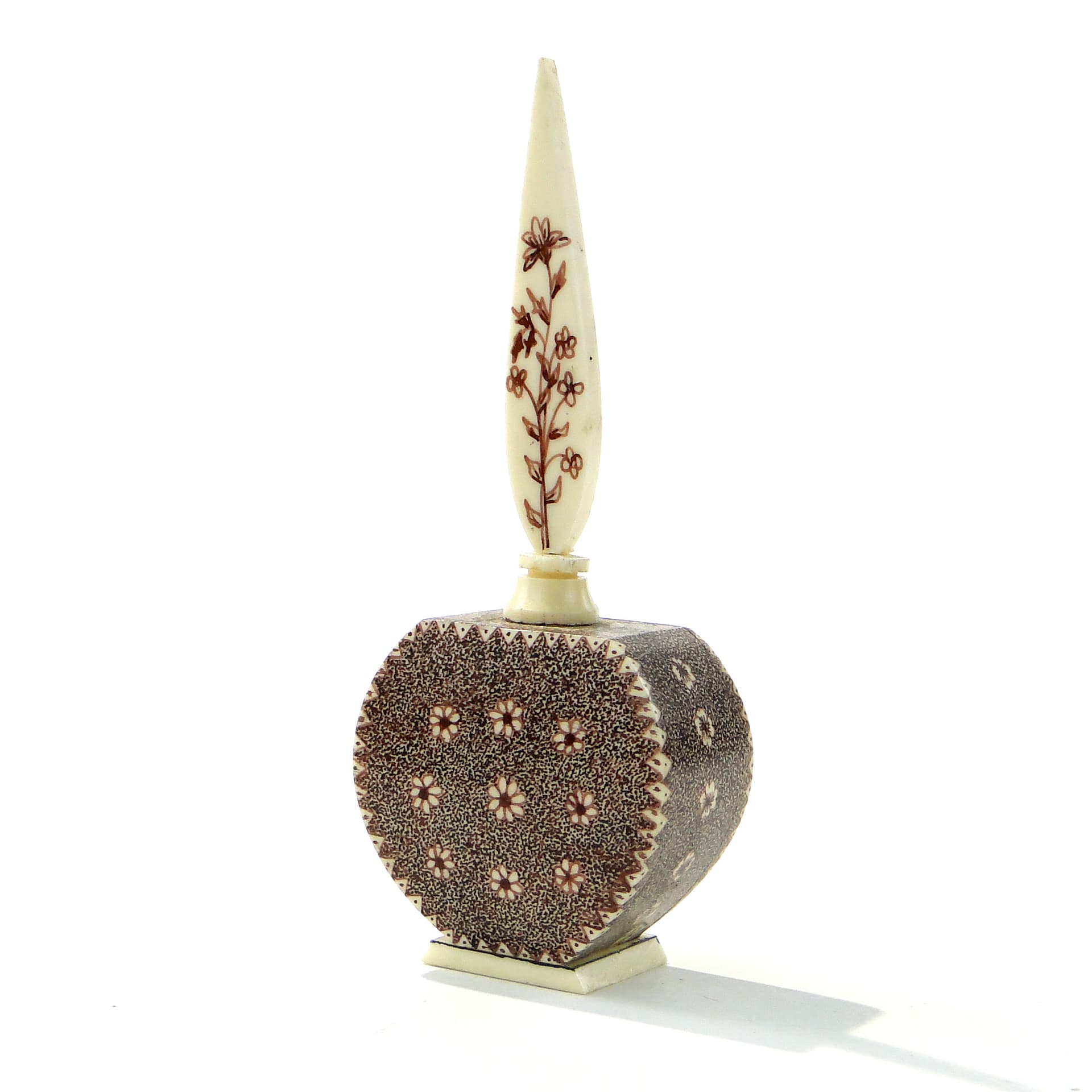 Attar Perfume Bottle, beige bone mosaic, brown henna, Persia/India, early 20th c.