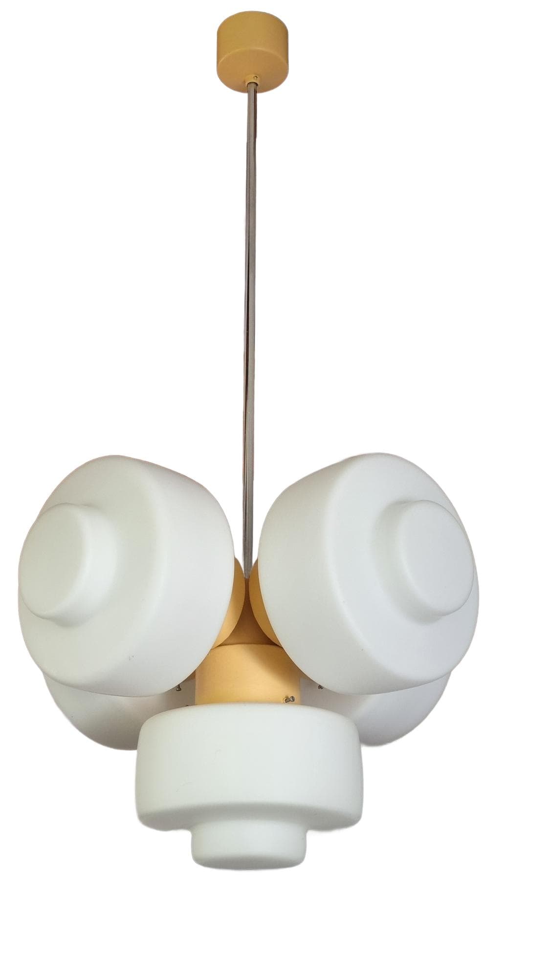 Pendant lamp Space Age, white opaline glass, yellow metal, by J. Hůrka, Napako, Czechoslovakia, 1960s.