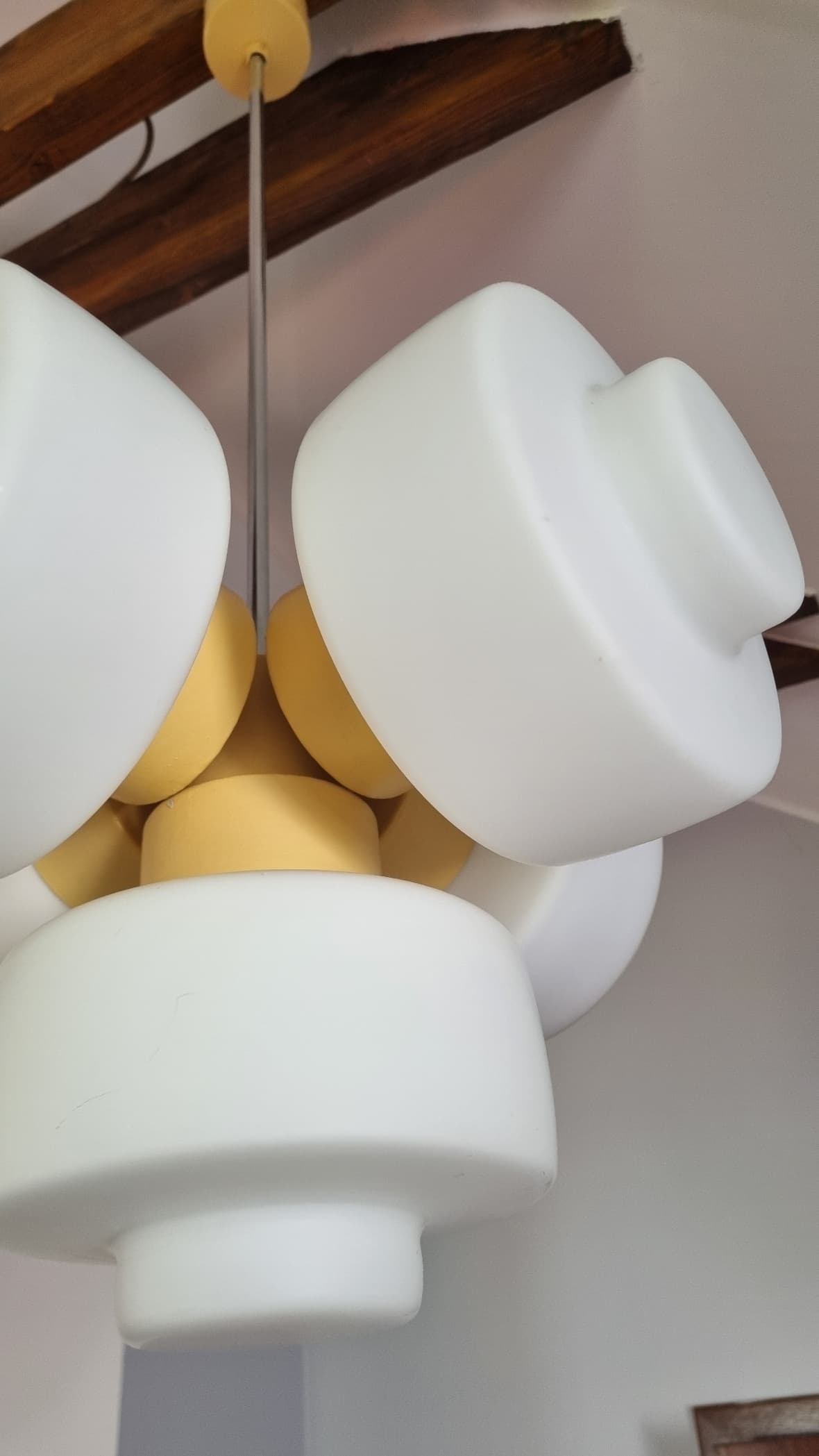 Pendant lamp Space Age, white opaline glass, yellow metal, by J. Hůrka, Napako, Czechoslovakia, 1960s. - 350026