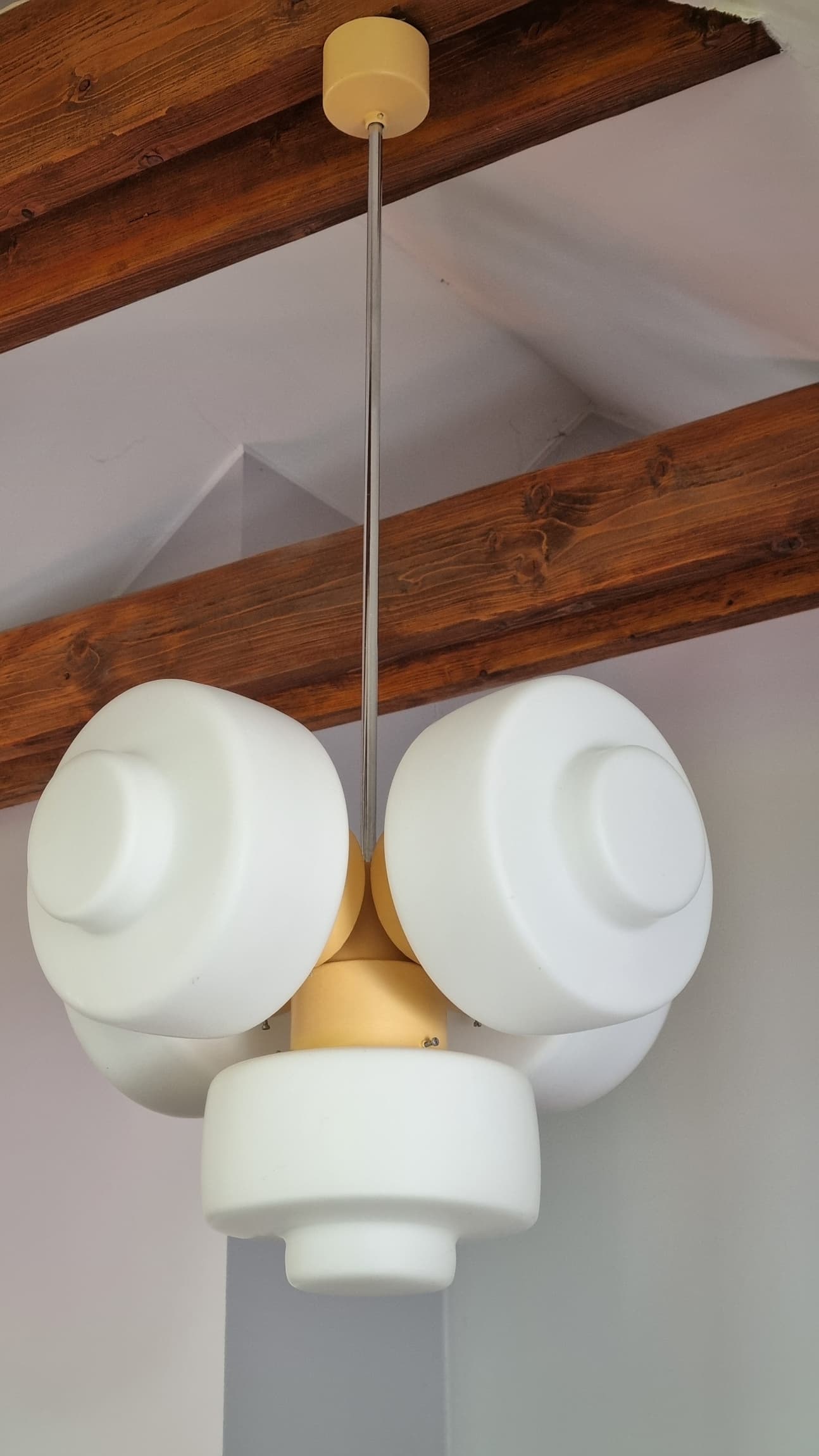 Pendant lamp Space Age, white opaline glass, yellow metal, by J. Hůrka, Napako, Czechoslovakia, 1960s. - 350023