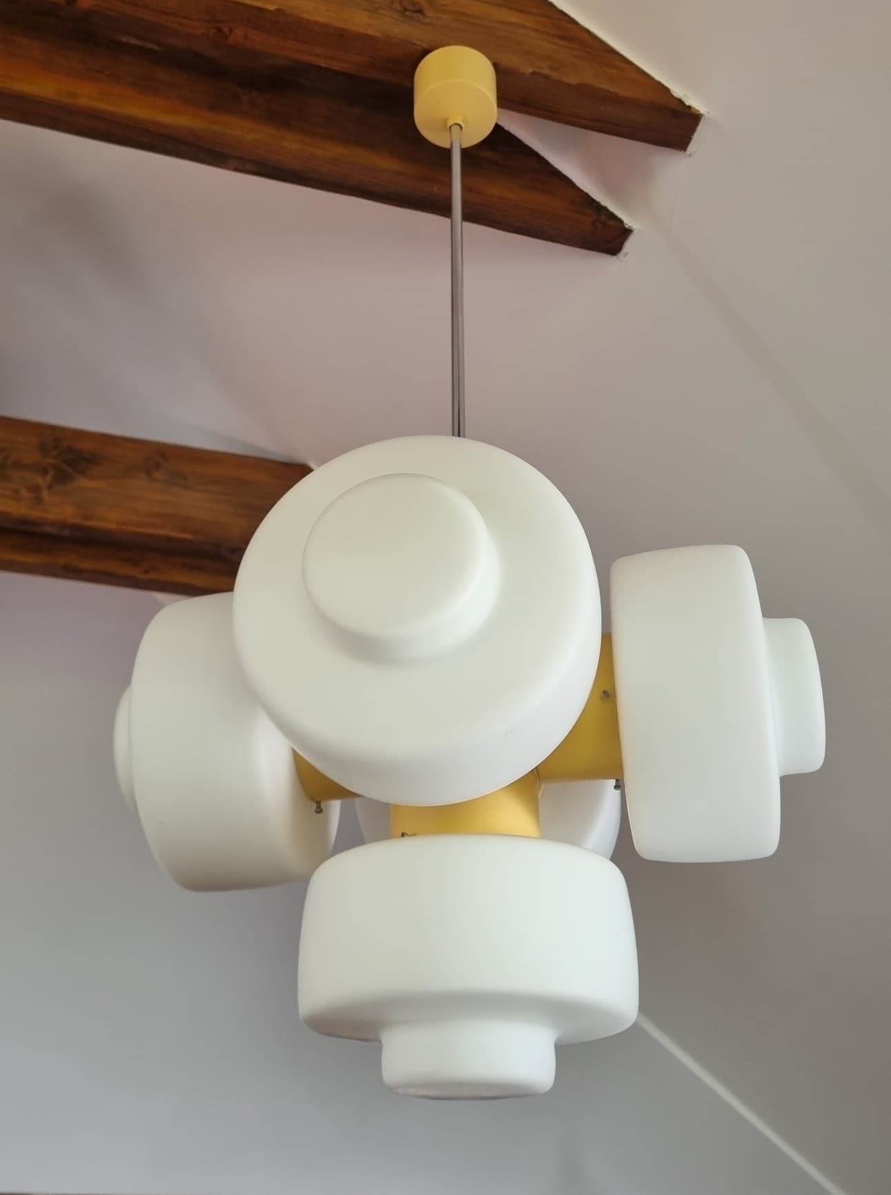 Pendant lamp Space Age, white opaline glass, yellow metal, by J. Hůrka, Napako, Czechoslovakia, 1960s. - 350031