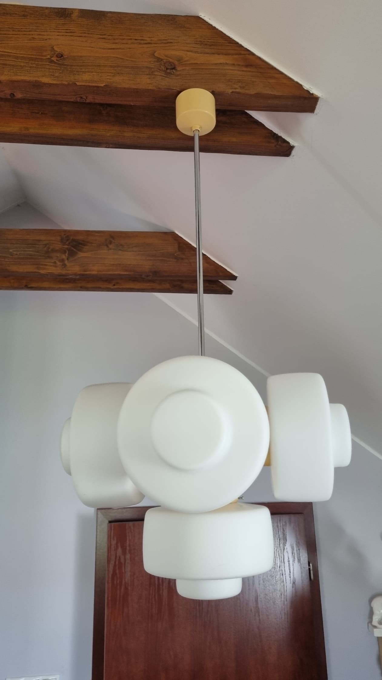 Pendant lamp Space Age, white opaline glass, yellow metal, by J. Hůrka, Napako, Czechoslovakia, 1960s. - 350025